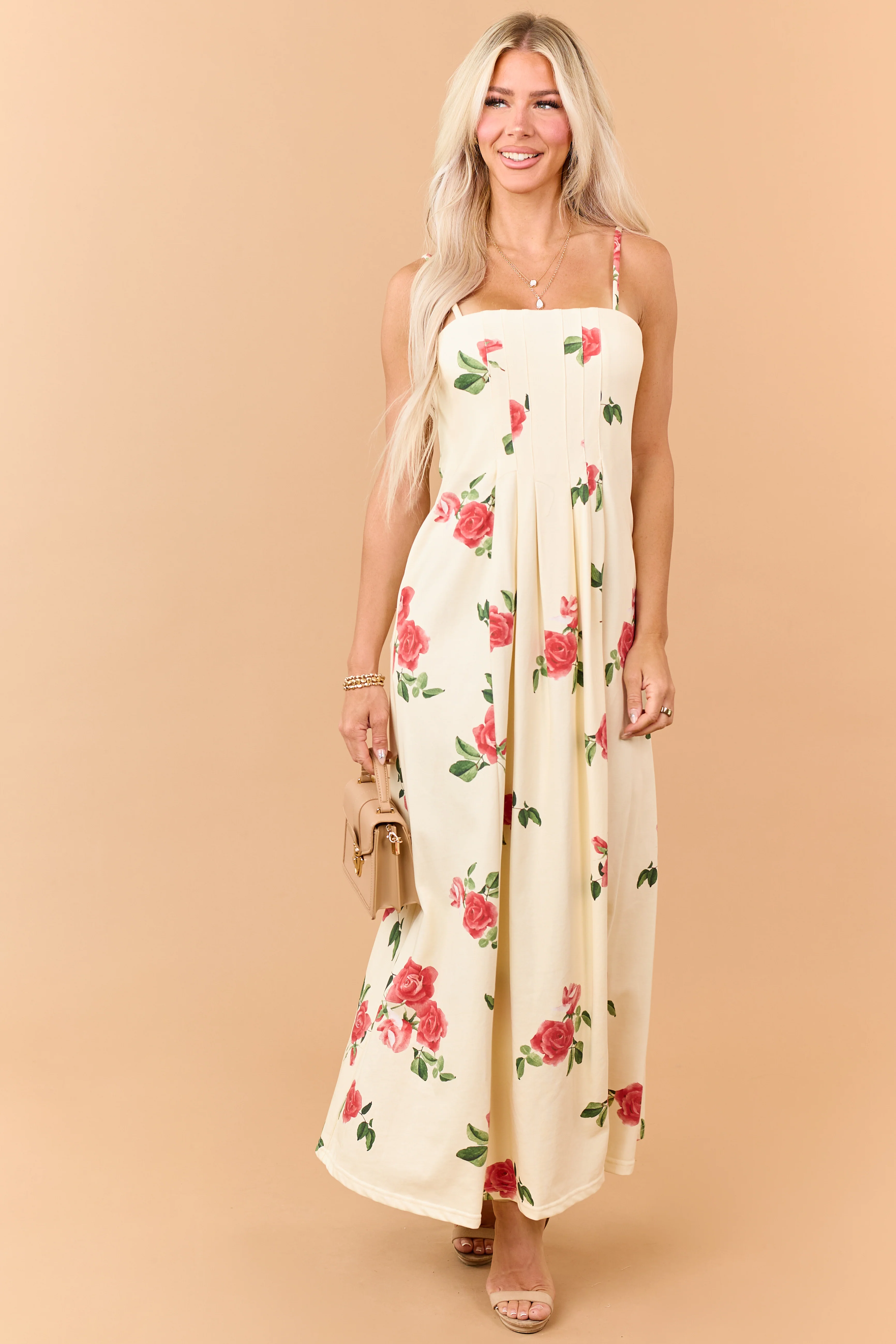 Cream Floral Print Pleated Knit Maxi Dress - Image 2
