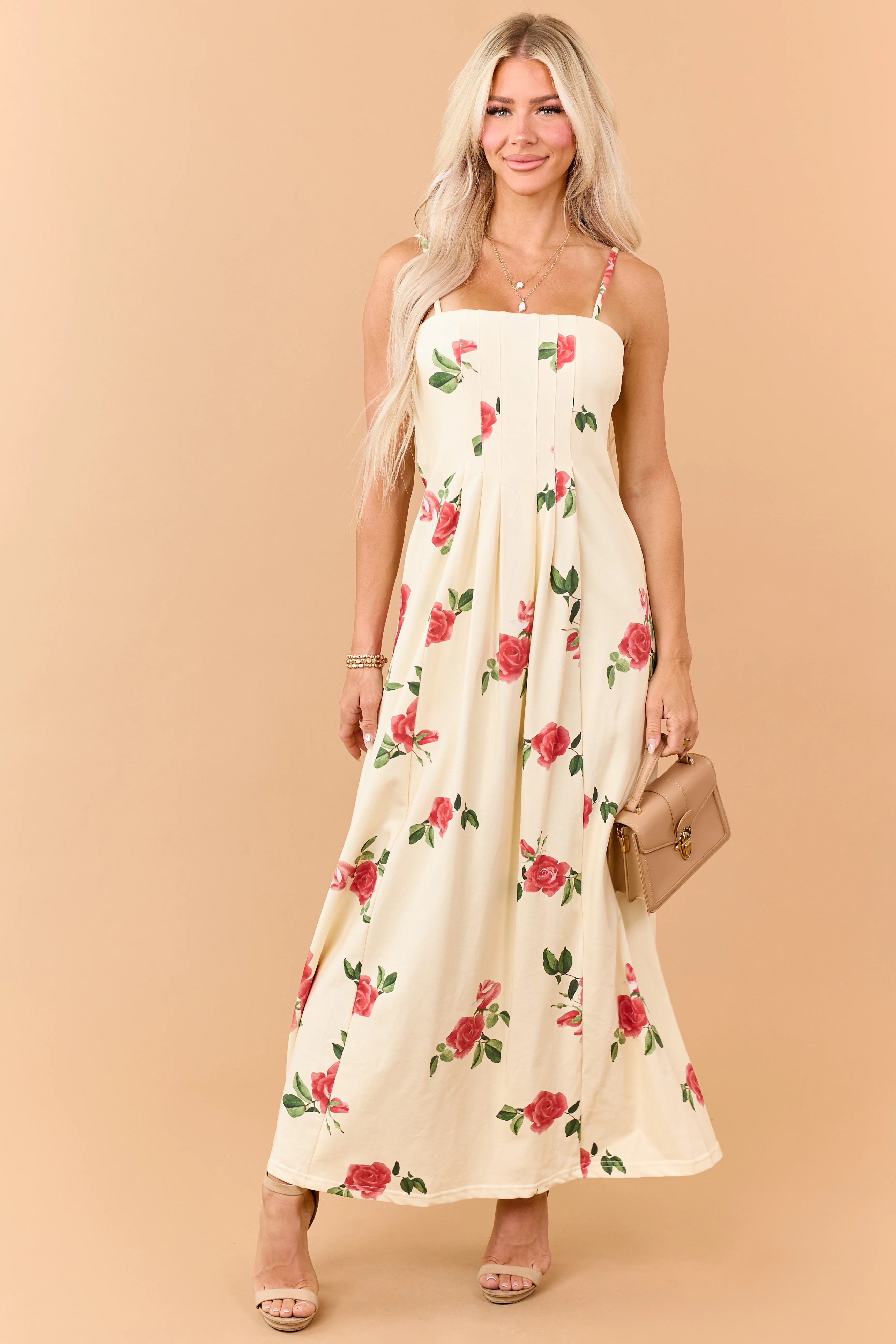 Cream Floral Print Pleated Knit Maxi Dress - Image 3