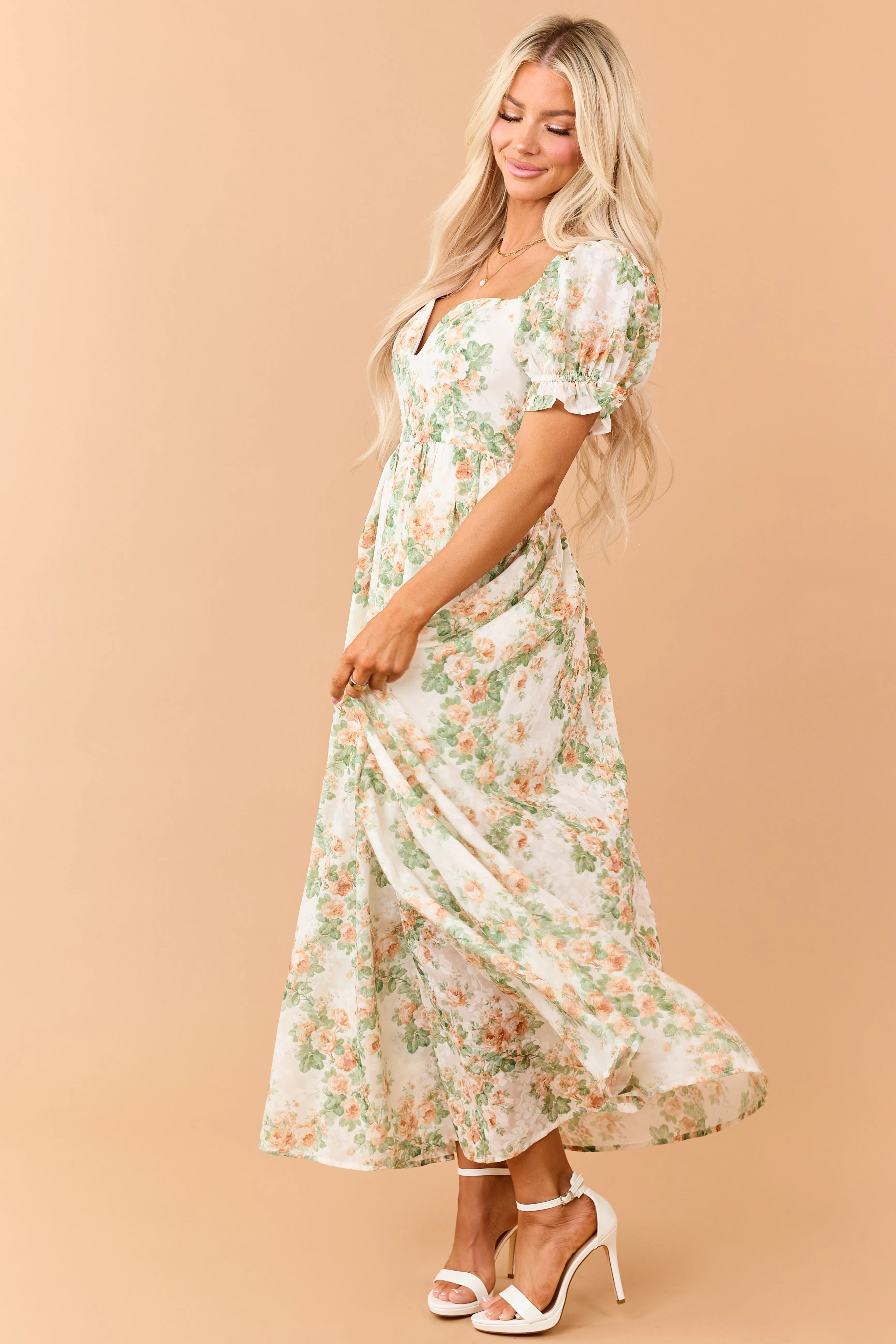 Cream Floral Print Puff Sleeve Sweetheart Maxi Dress - Image 5