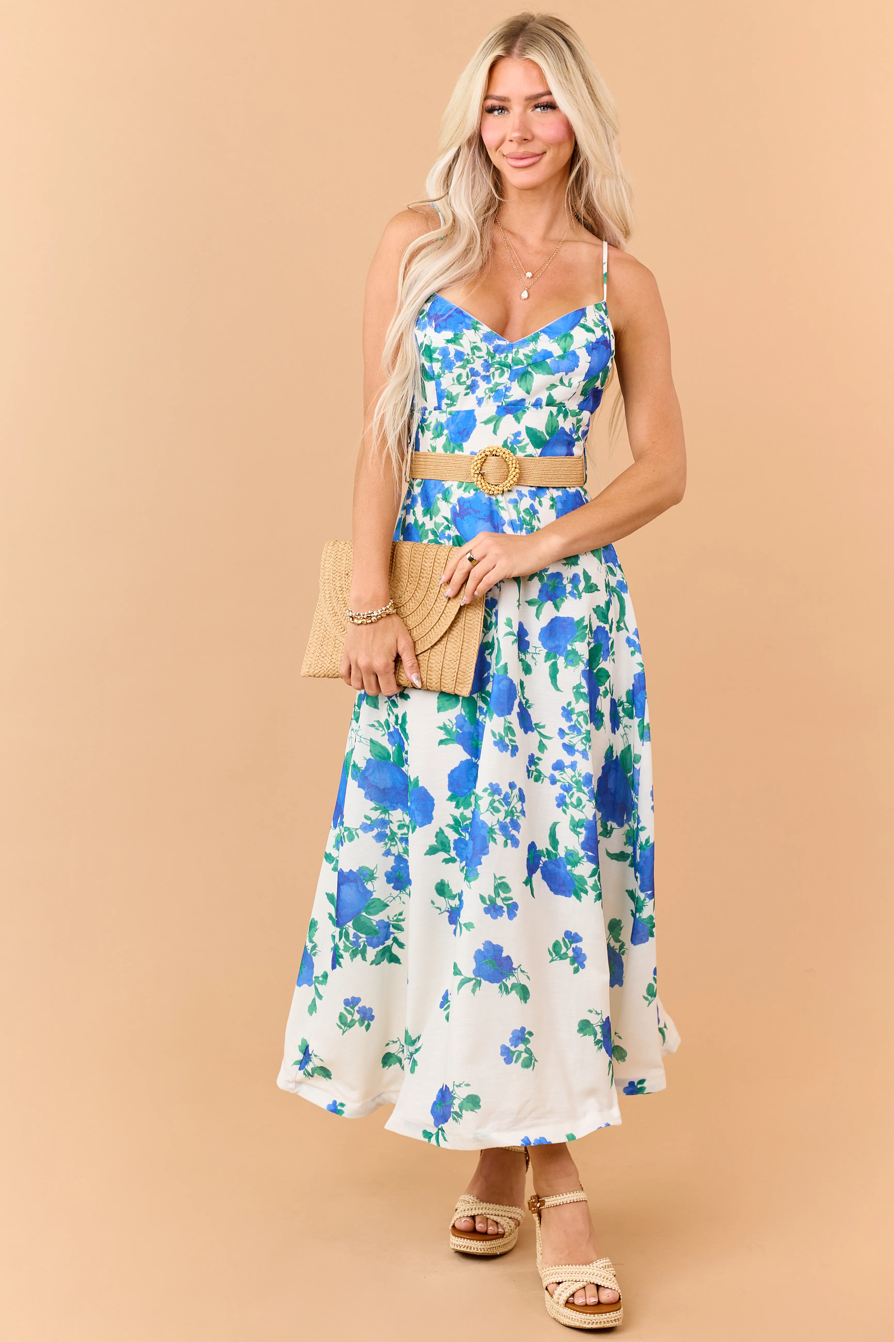 Cream Floral Print Sleeveless Belt Maxi Dress