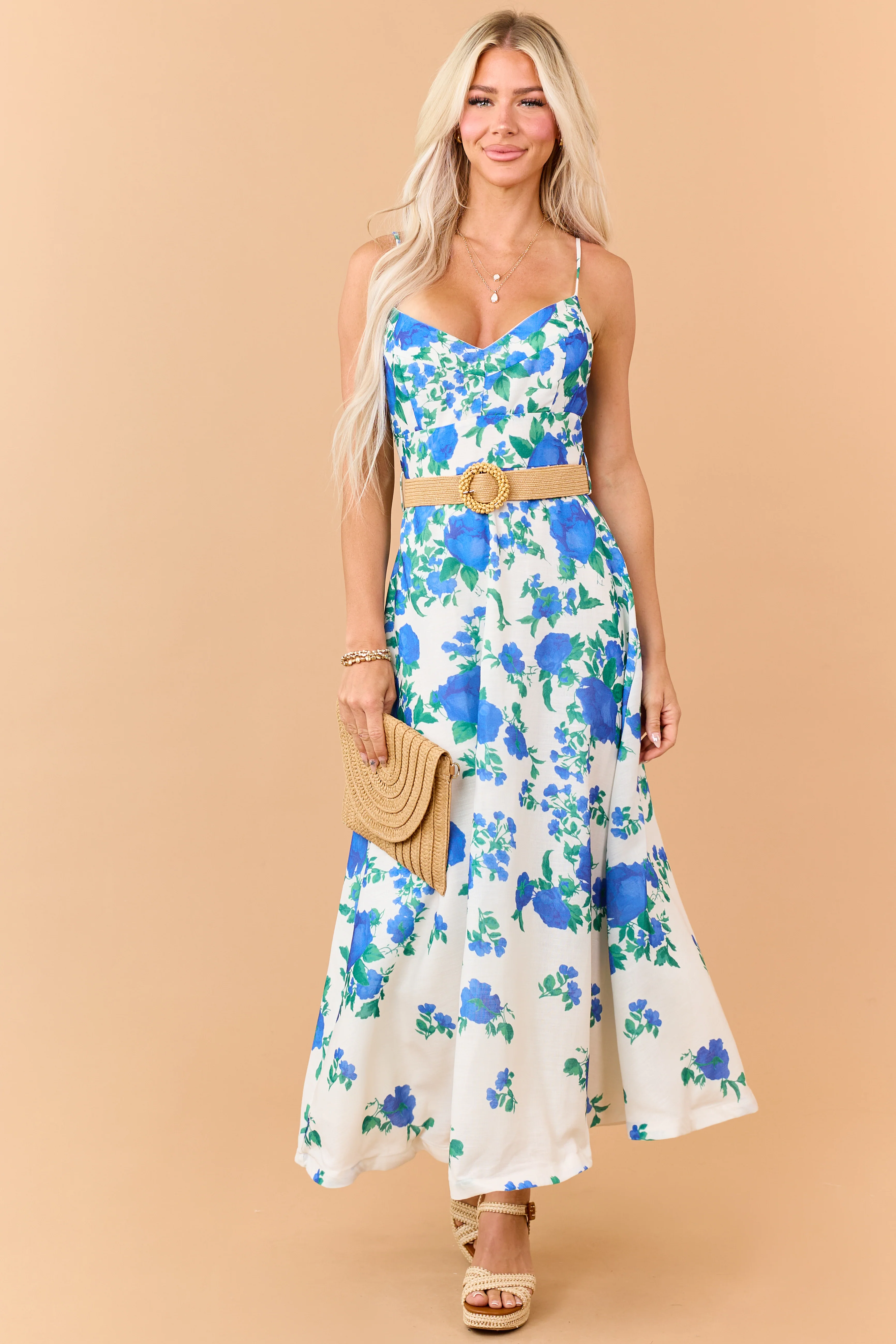 Cream Floral Print Sleeveless Belt Maxi Dress - Image 2