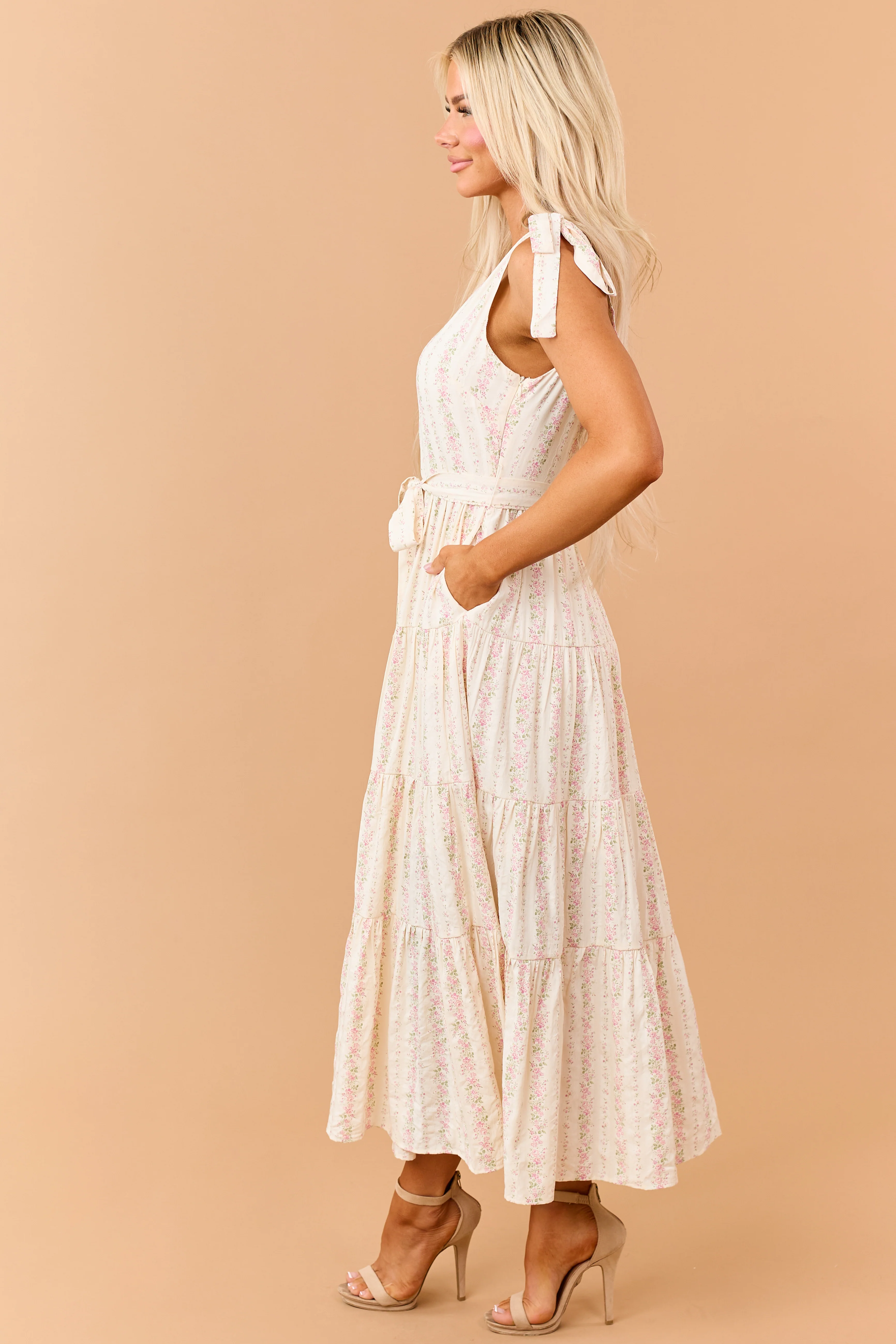 Cream Floral Print Tie Strap Waist Tie Maxi Dress - Image 4