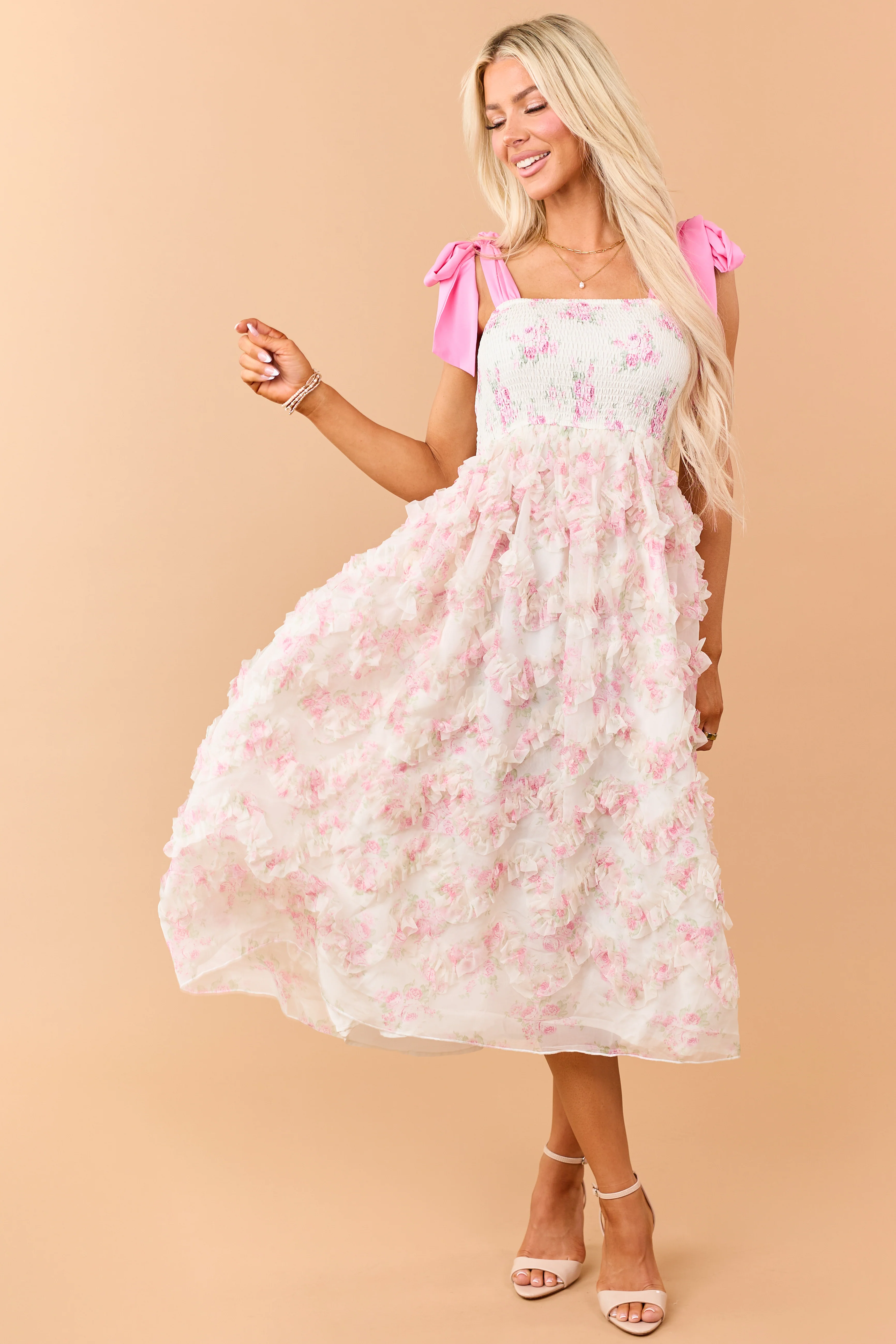Cream Floral Smocked Bodice Ruffle Skirt Midi Dress - Image 3