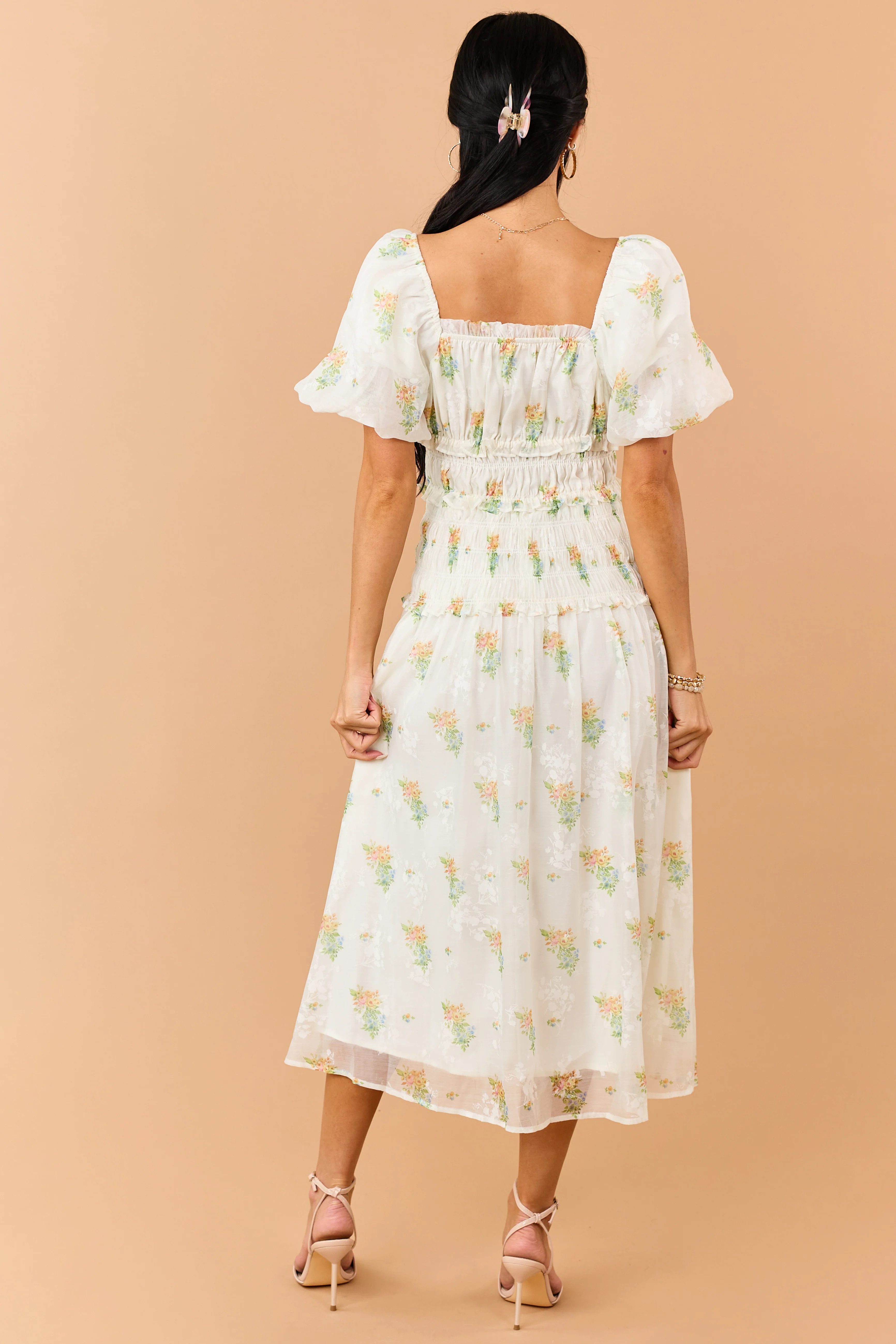 Cream Floral Smocked Waist Ruffle Trim Midi Dress - Image 6