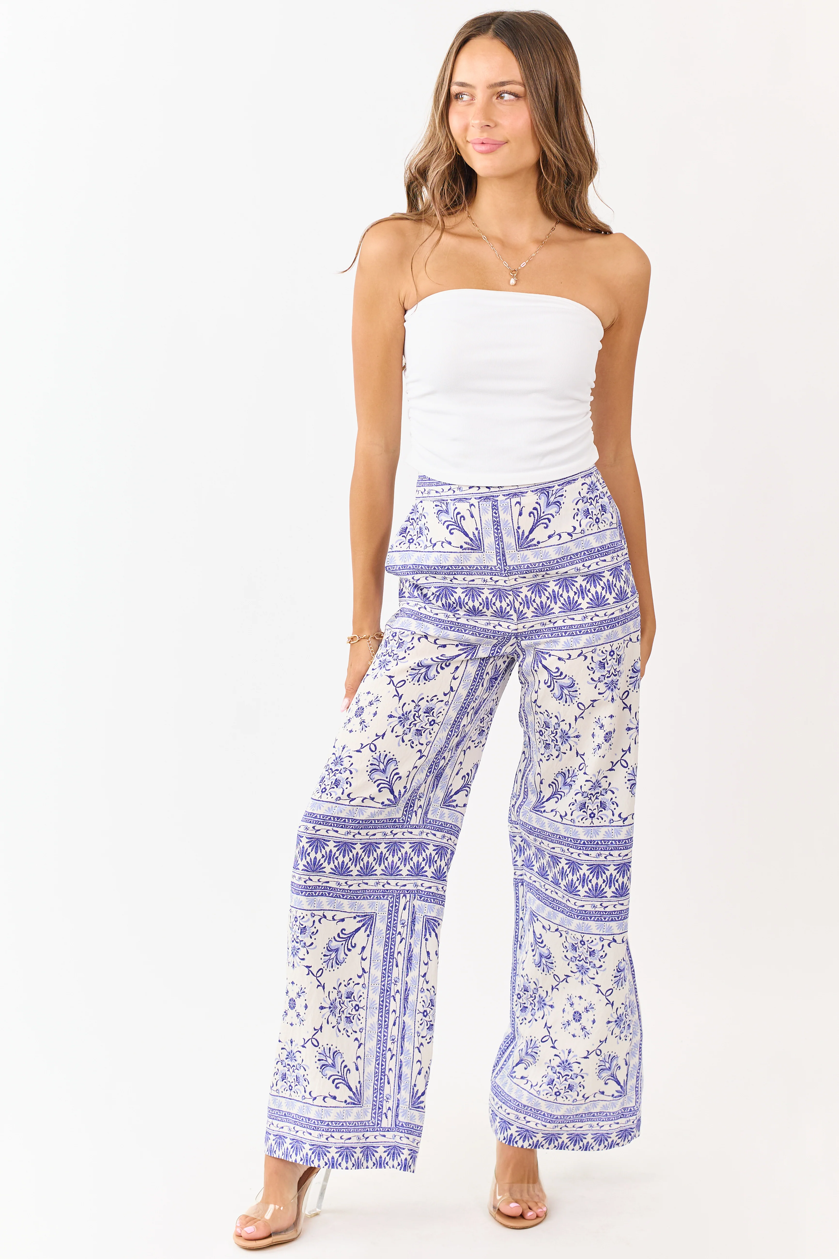 Cream Floral Tile Print Lightweight Wide Leg Pants - Image 5