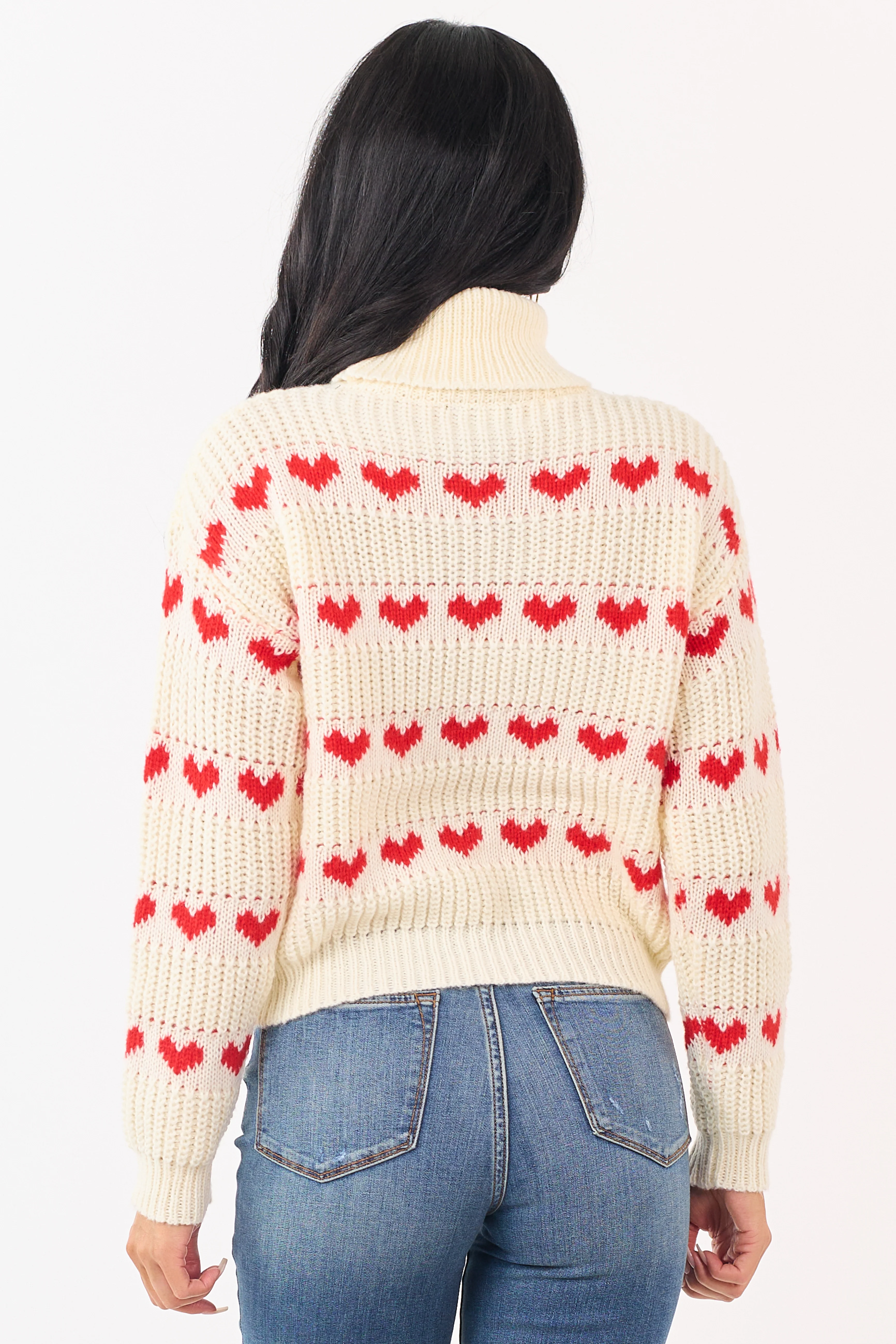 Cream Heart Print Turtleneck Long Sleeve Sweater - Image 5