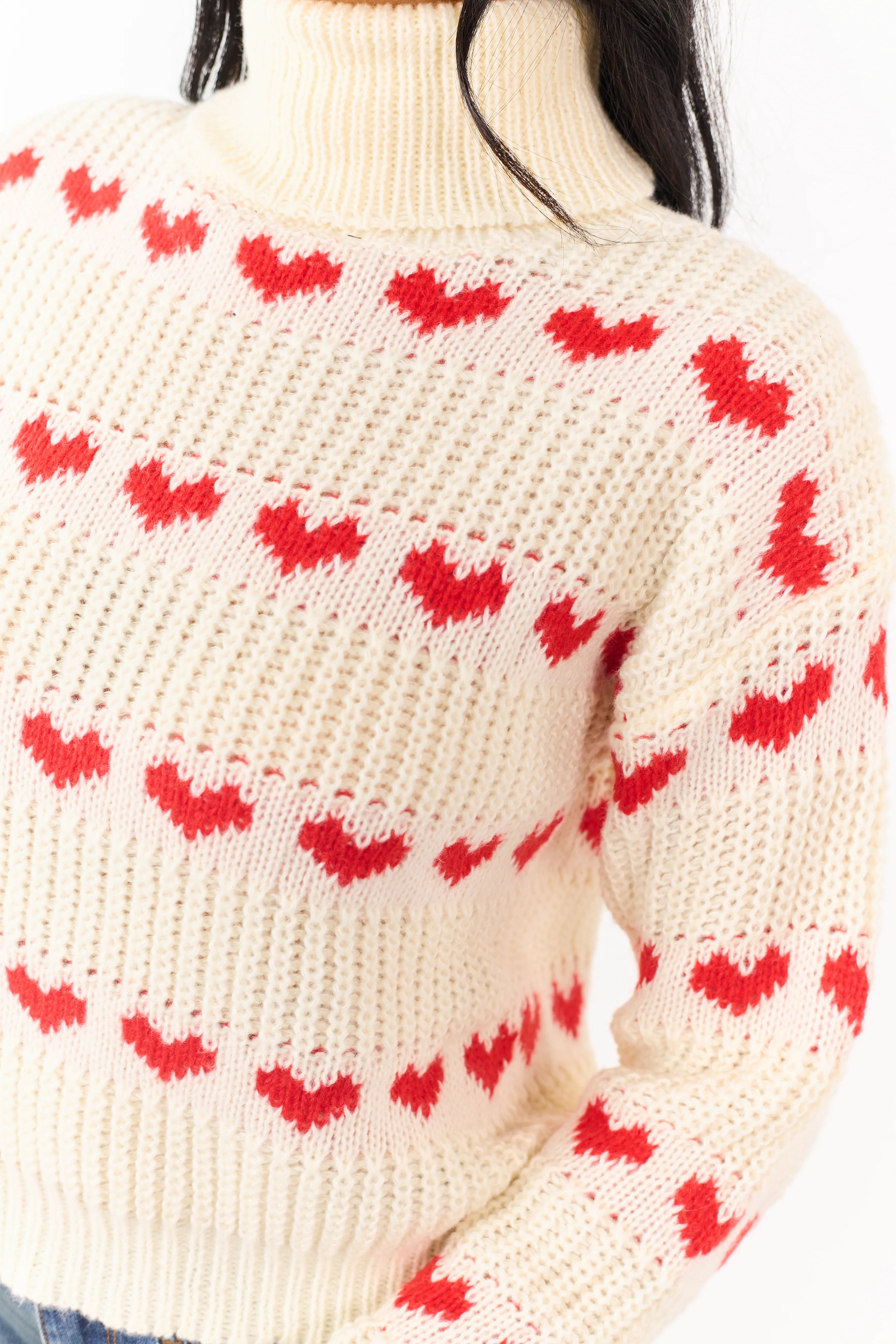Cream Heart Print Turtleneck Long Sleeve Sweater - Image 6