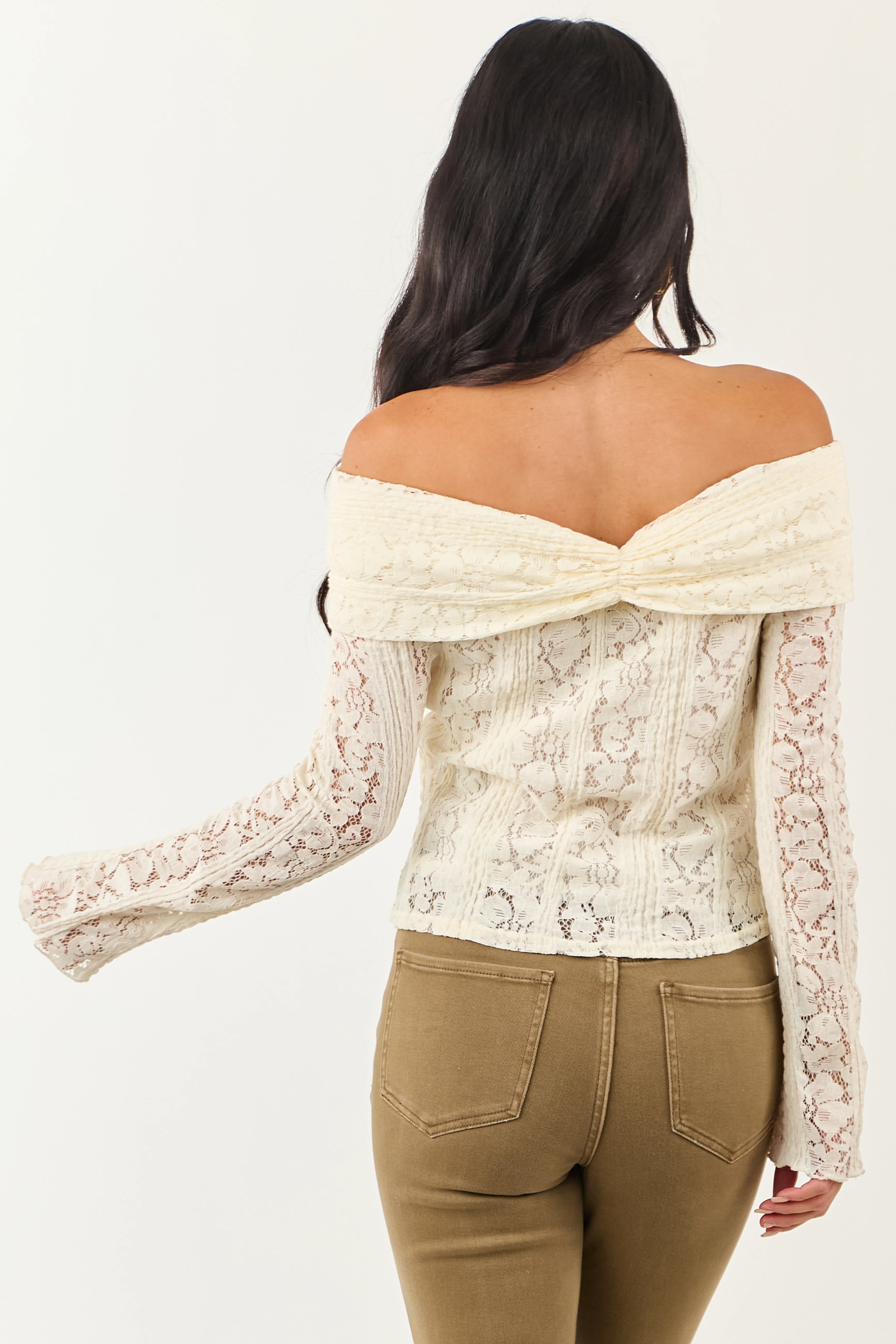 Cream Lace Off the Shoulder Long Sleeve Top - Image 5