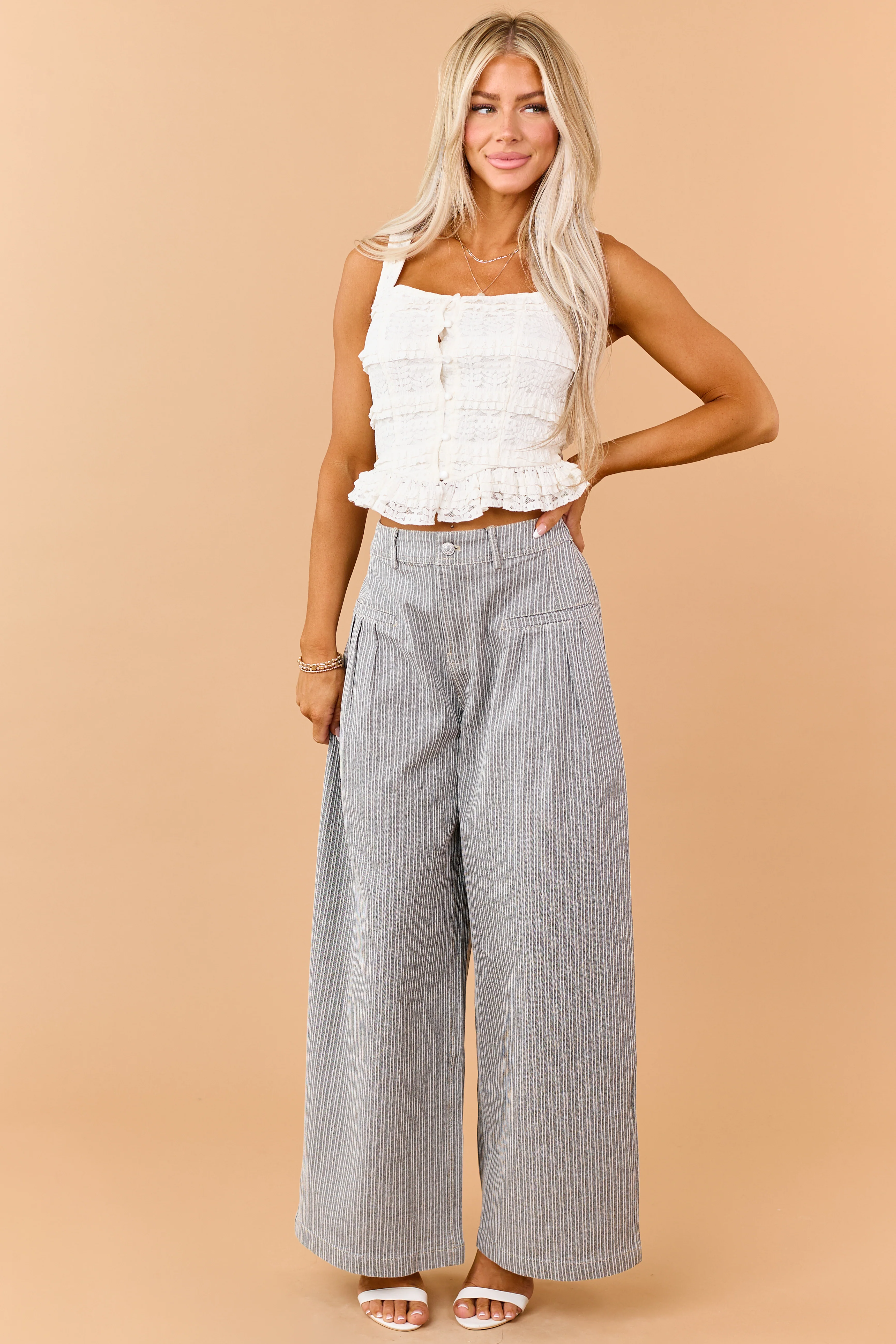 Cream Lace Tiered Frill Button Down Tank Top - Image 3