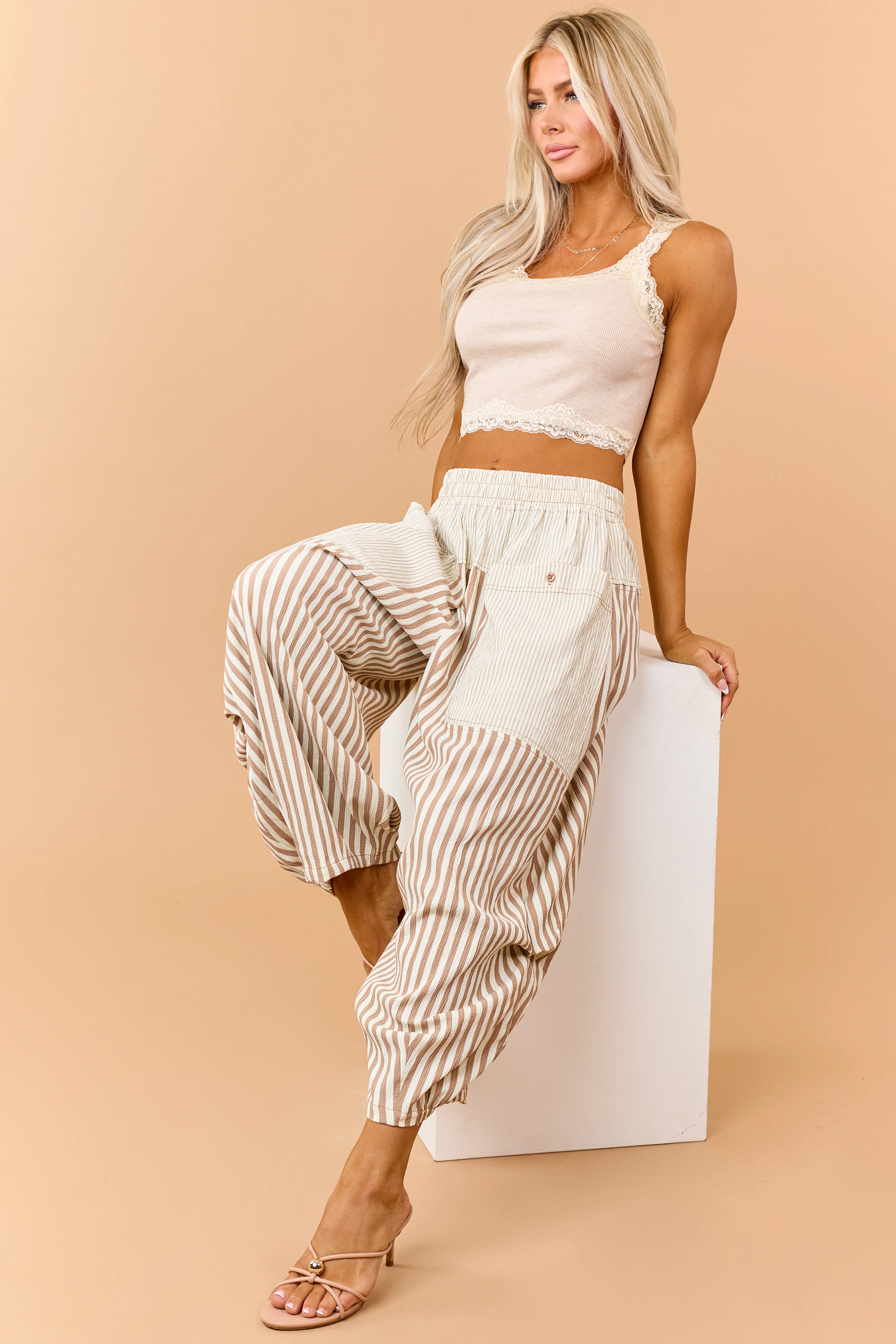 Cream and Latte Striped Wide Crop Pants - Image 8