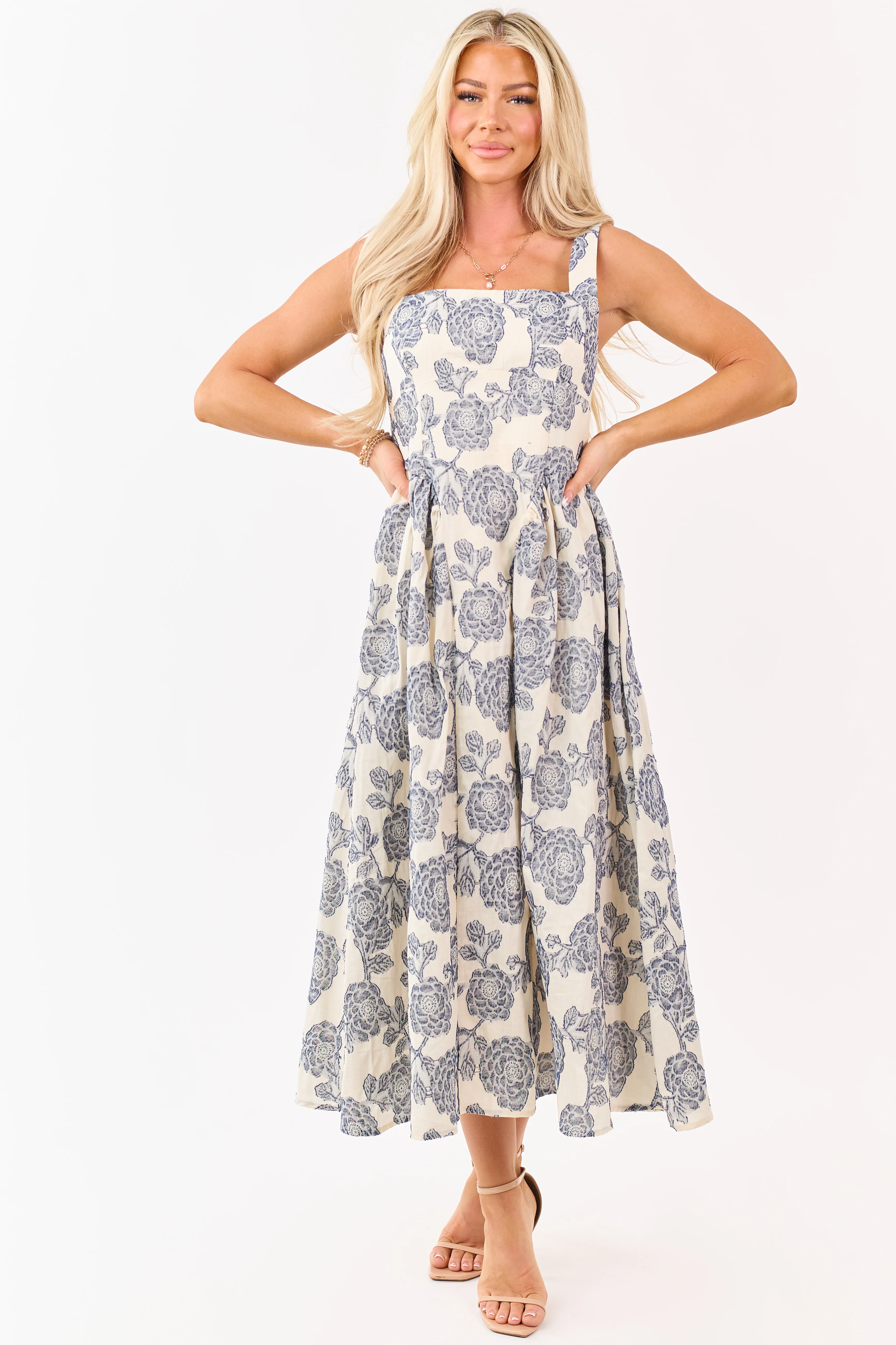 Cream and Navy Floral Jacquard Sleeveless Midi Dress - Image 2
