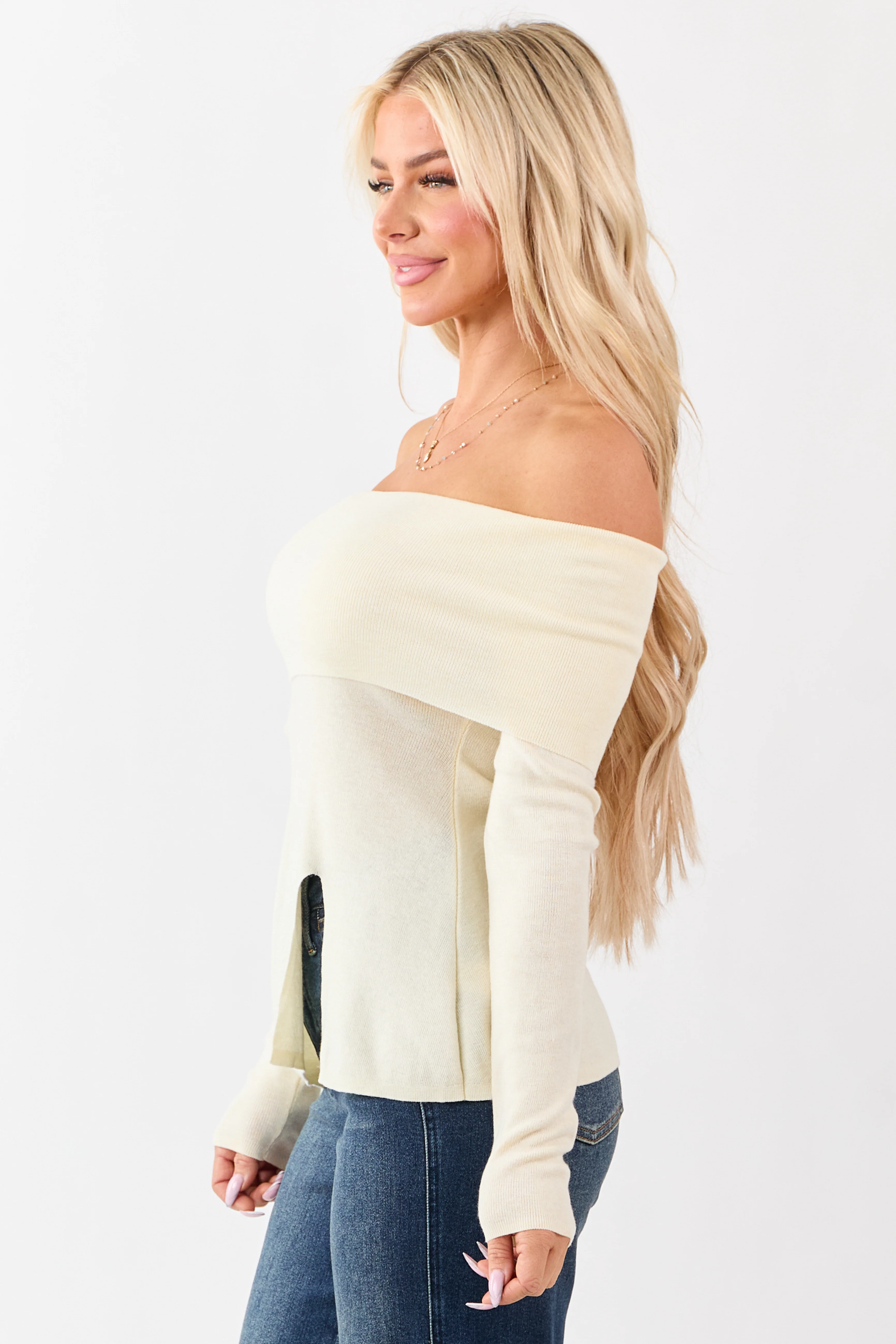 Cream Off Shoulder Wool Blend Side Slit Knit Top - Image 4