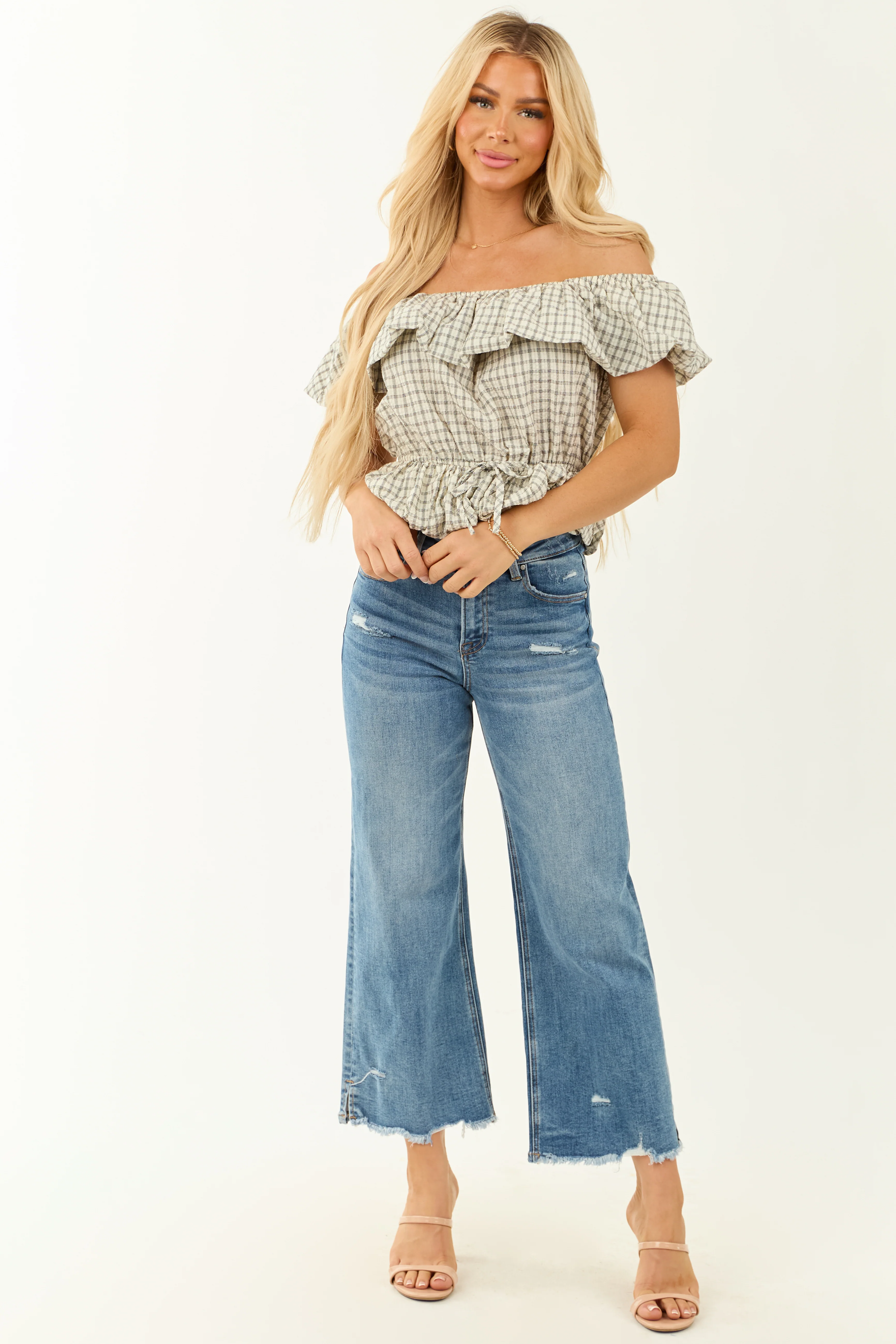 Cream Plaid Off Shoulder Peplum Bubble Hem Top - Image 4