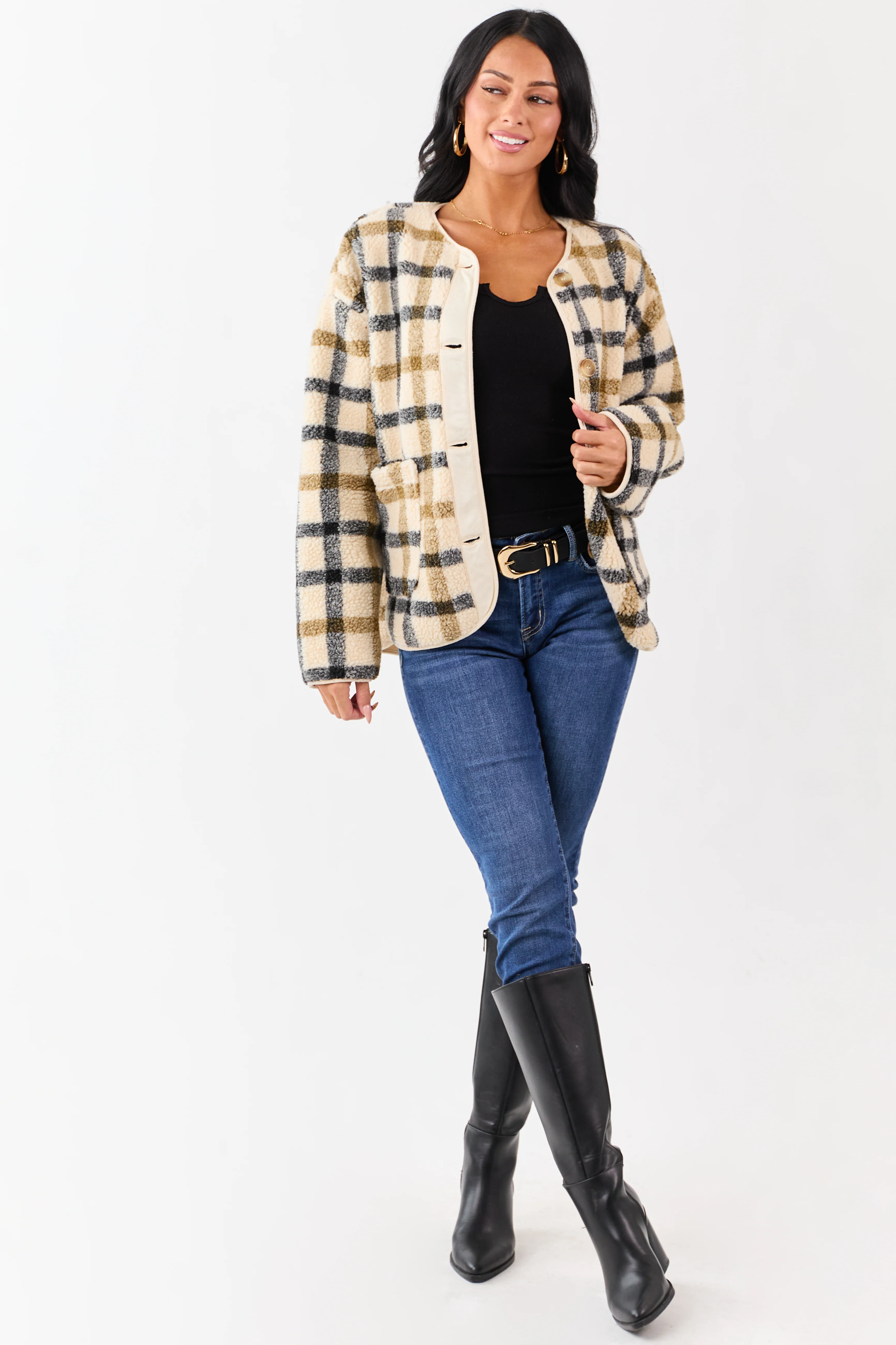 Cream Plaid Sherpa Button Down Teddy Jacket - Image 3