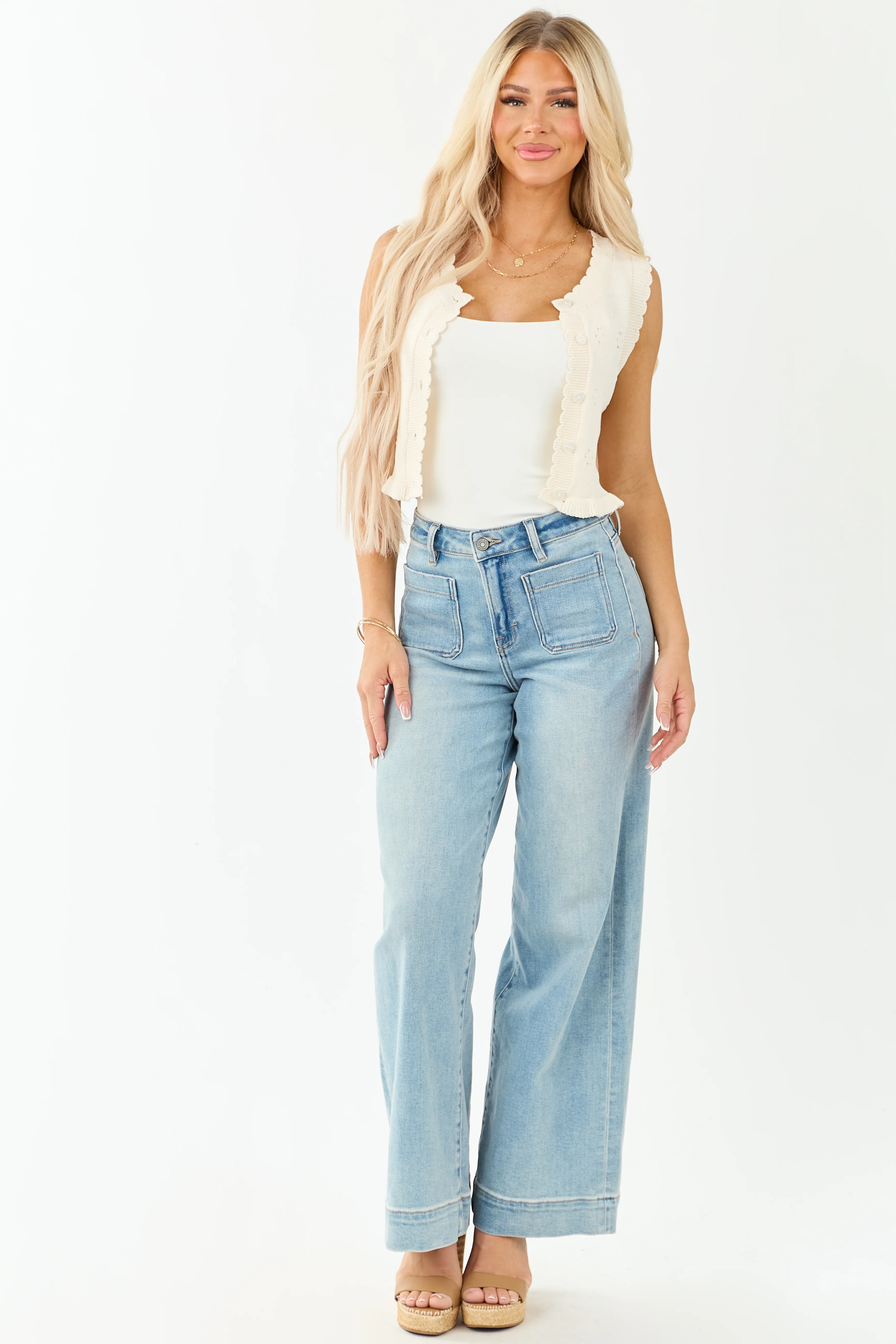 Cream Pointelle Knit Cropped Button Up Tank Top - Image 2
