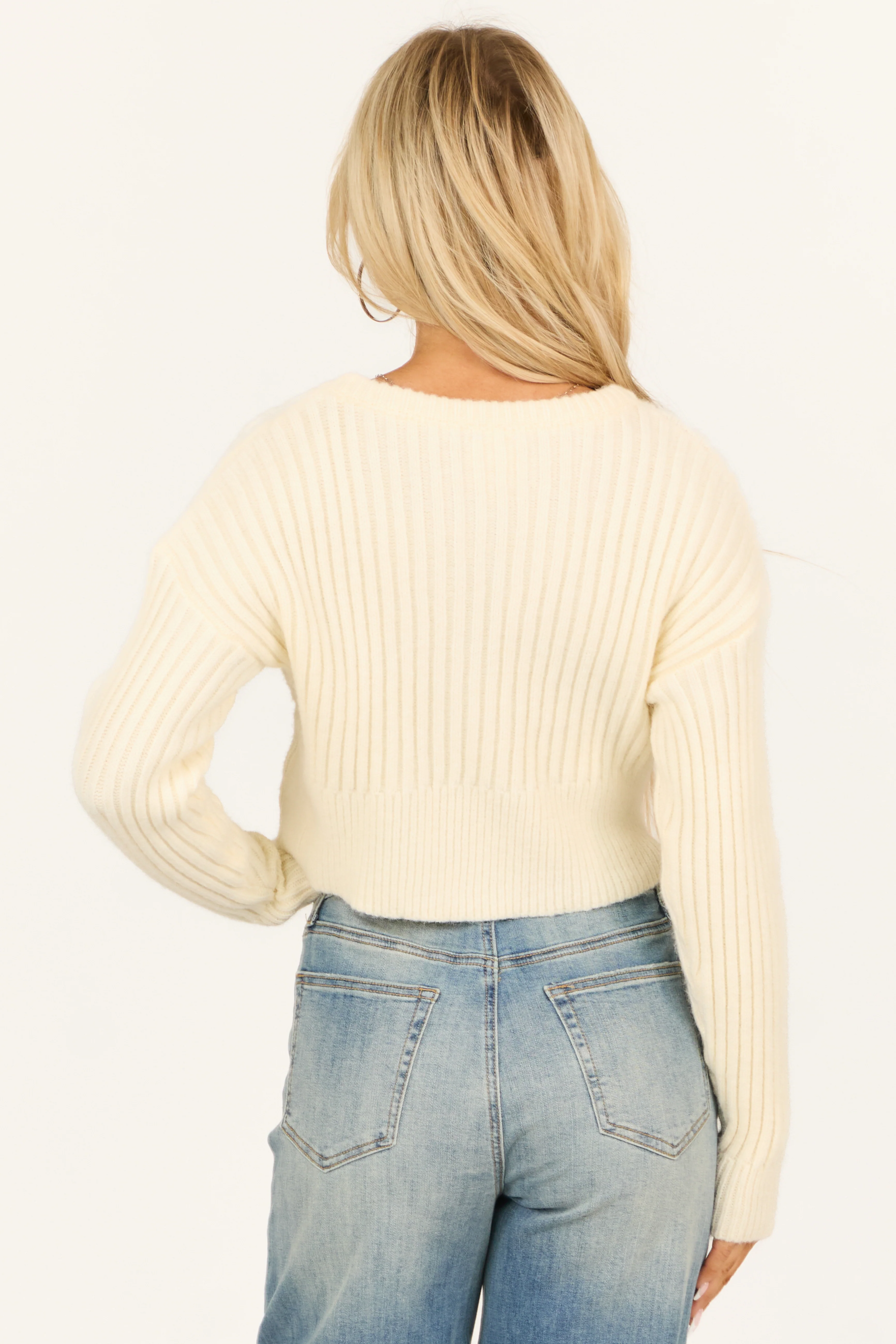 Cream Ribbed and Cable Knit Long Sleeve Sweater - Image 5