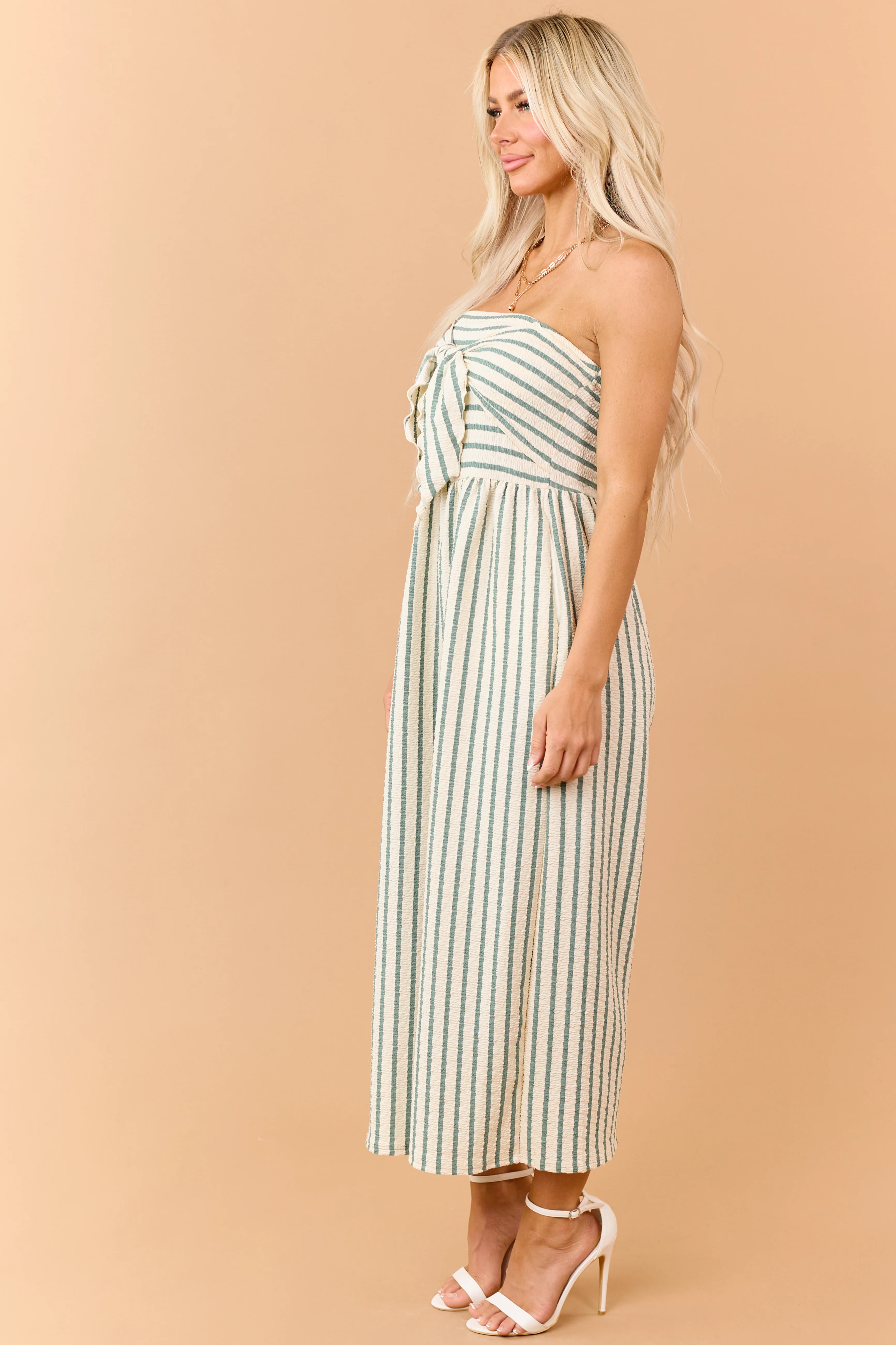 Cream and Sage Striped Strapless Jumpsuit - Image 6