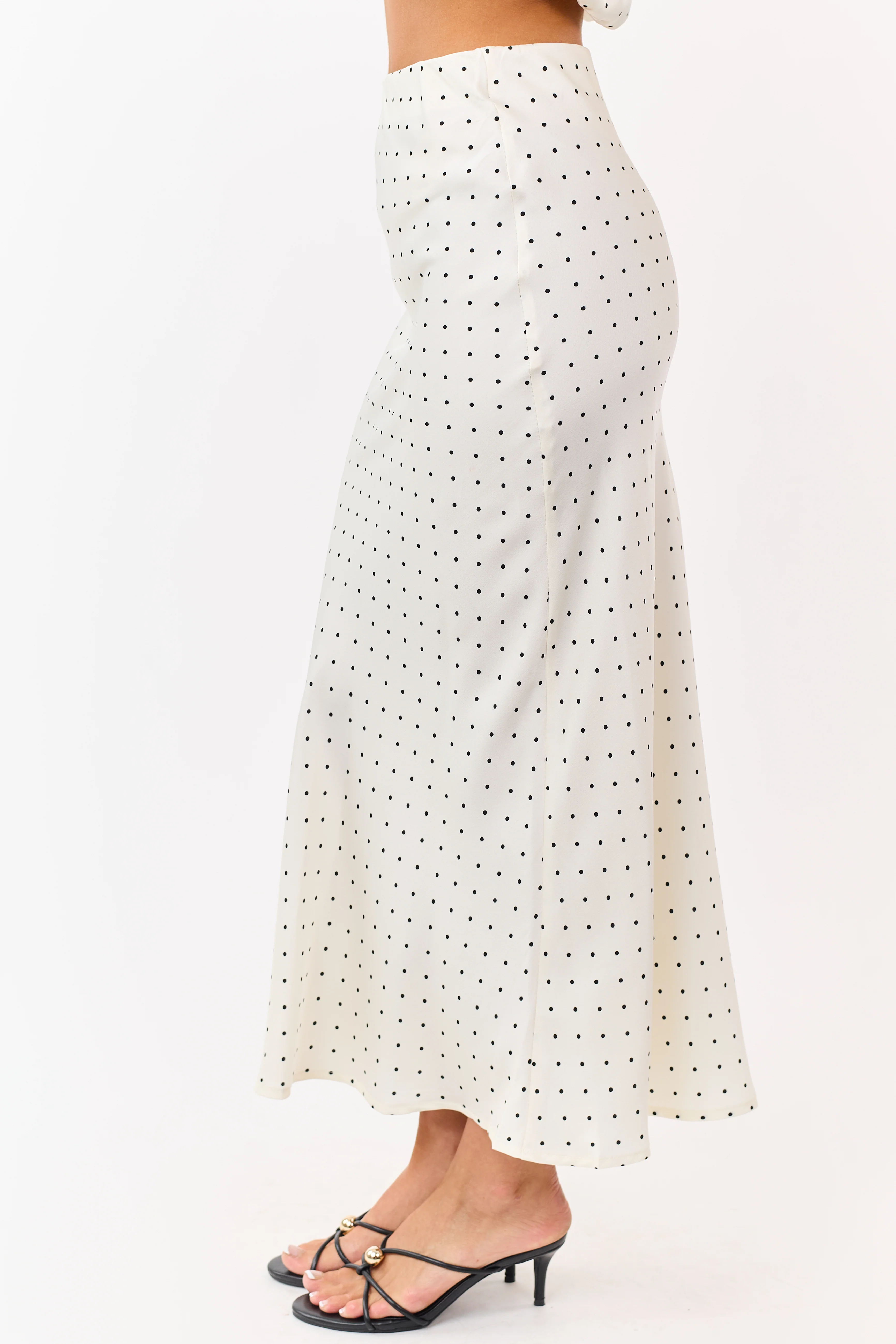 Cream Satin Polka Dot Elastic Waistband Midi Skirt - Image 3