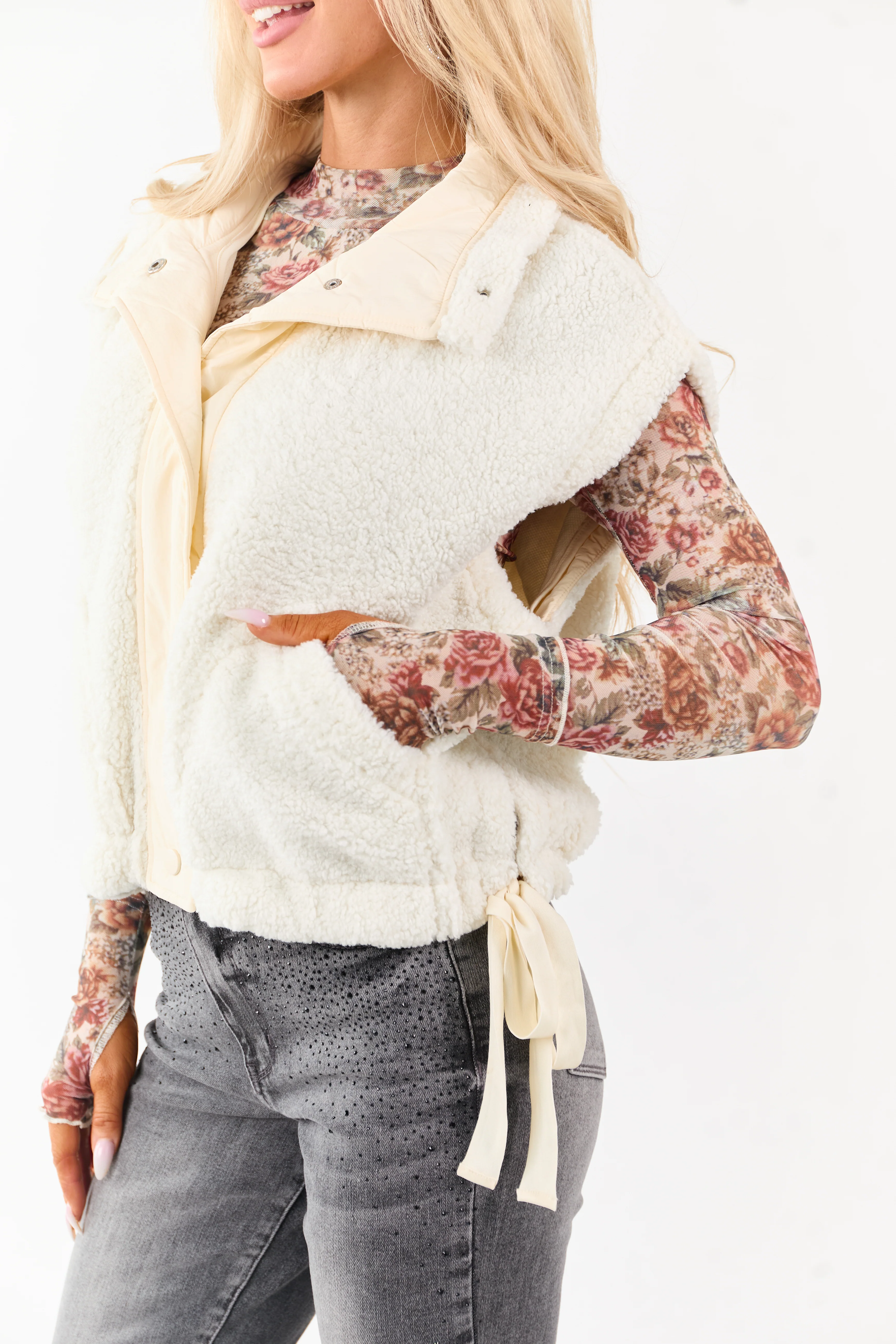 Cream Sherpa Contrast Button Down Side Tie Vest - Image 3