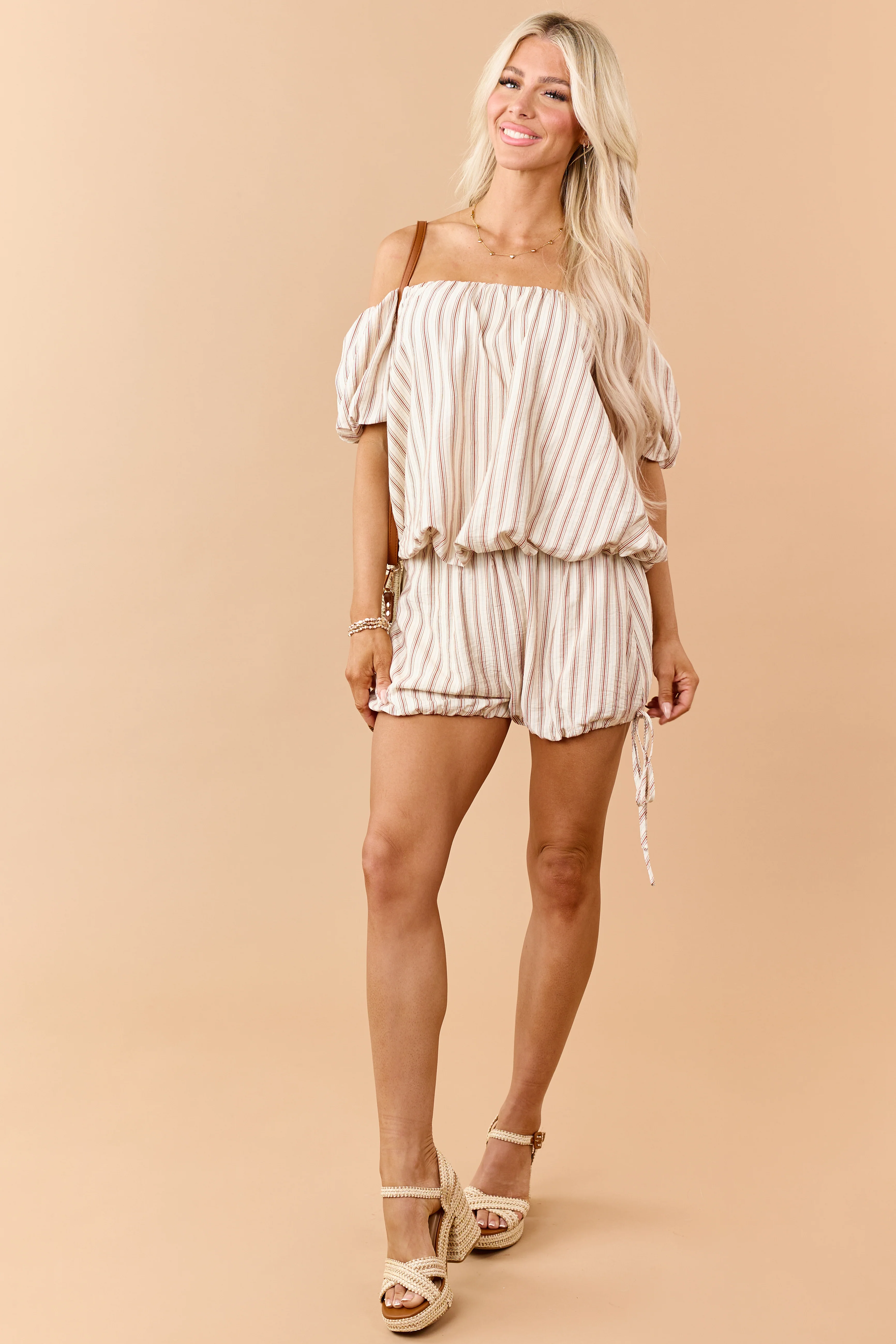 Cream Striped Elastic Waist Tie Bubble Hem Shorts - Image 5