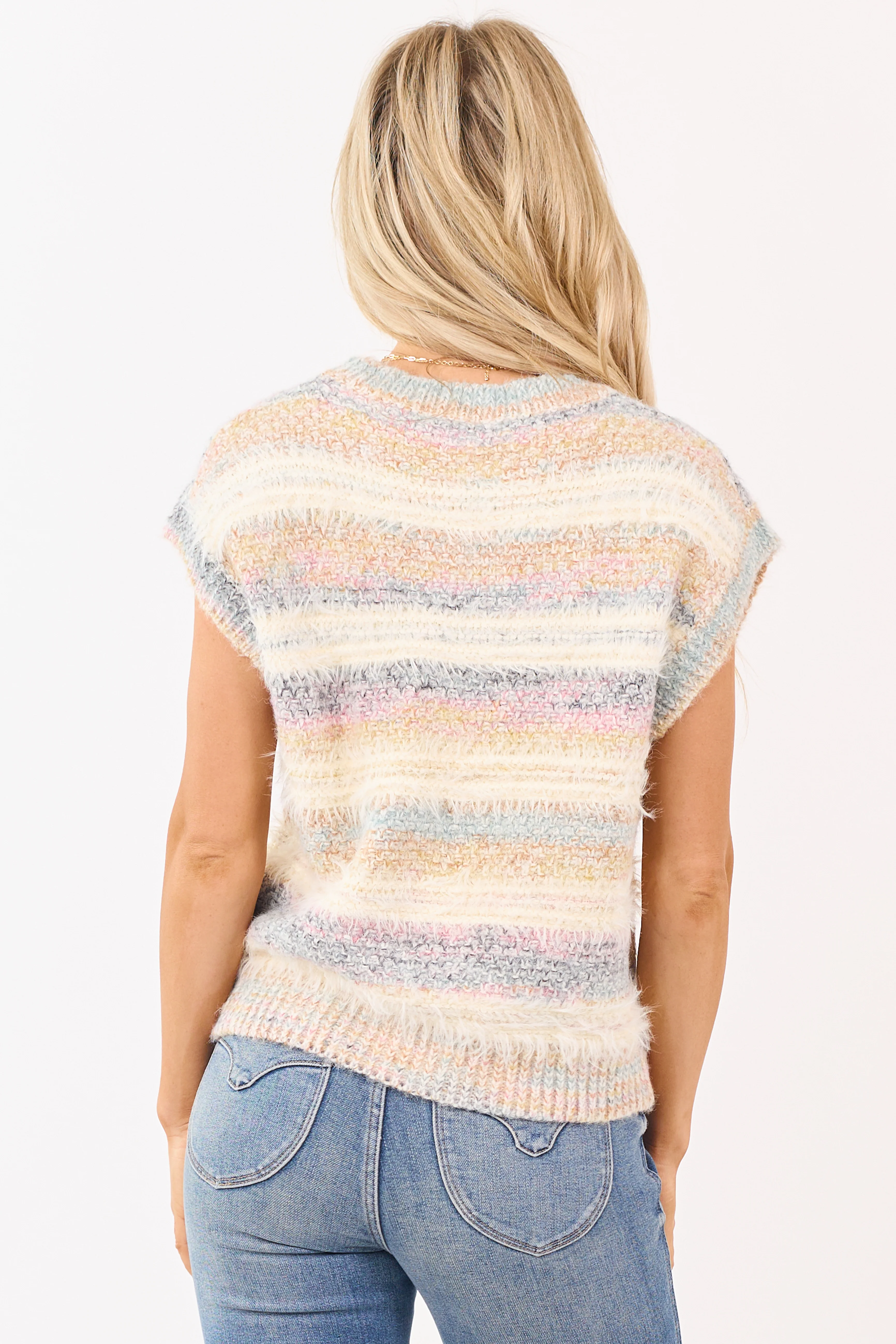 Cream Striped Fuzzy Short Sleeve Sweater Top - Image 7