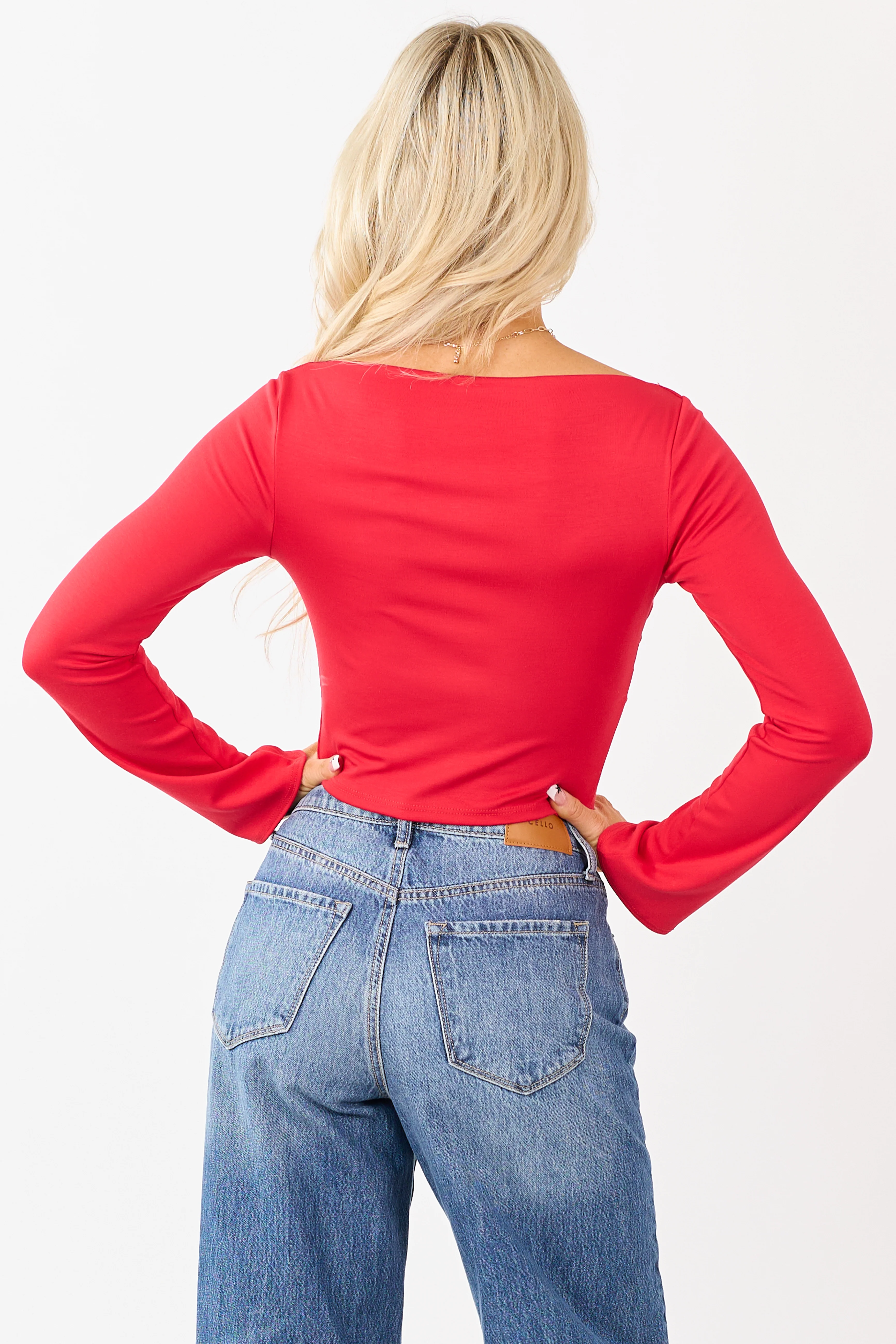 Crimson Bell Sleeve Boatneck Fitted Crop Top - Image 5
