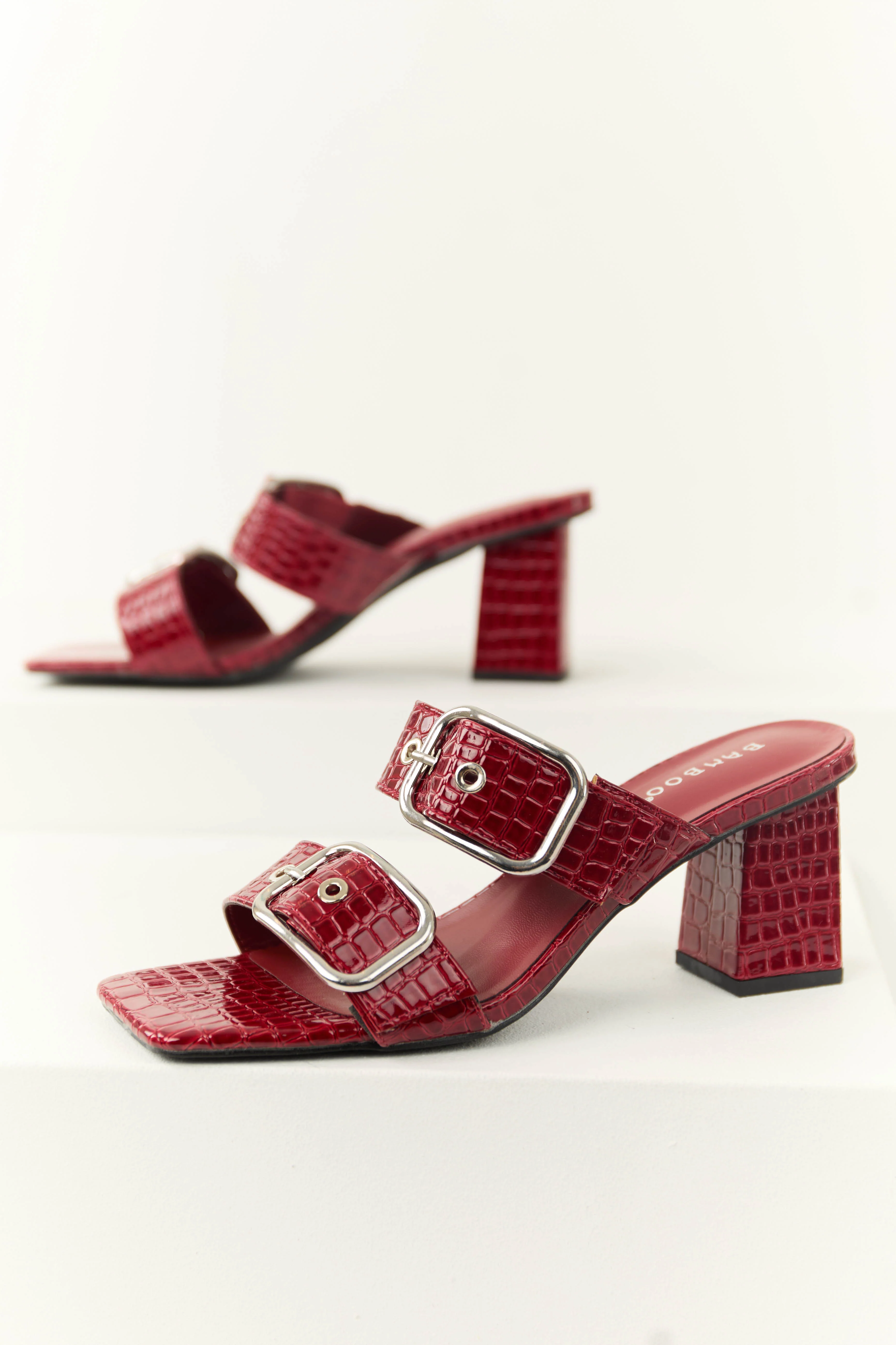 Dark Cherry Open Toed Double Buckle Strap Heels - Image 2