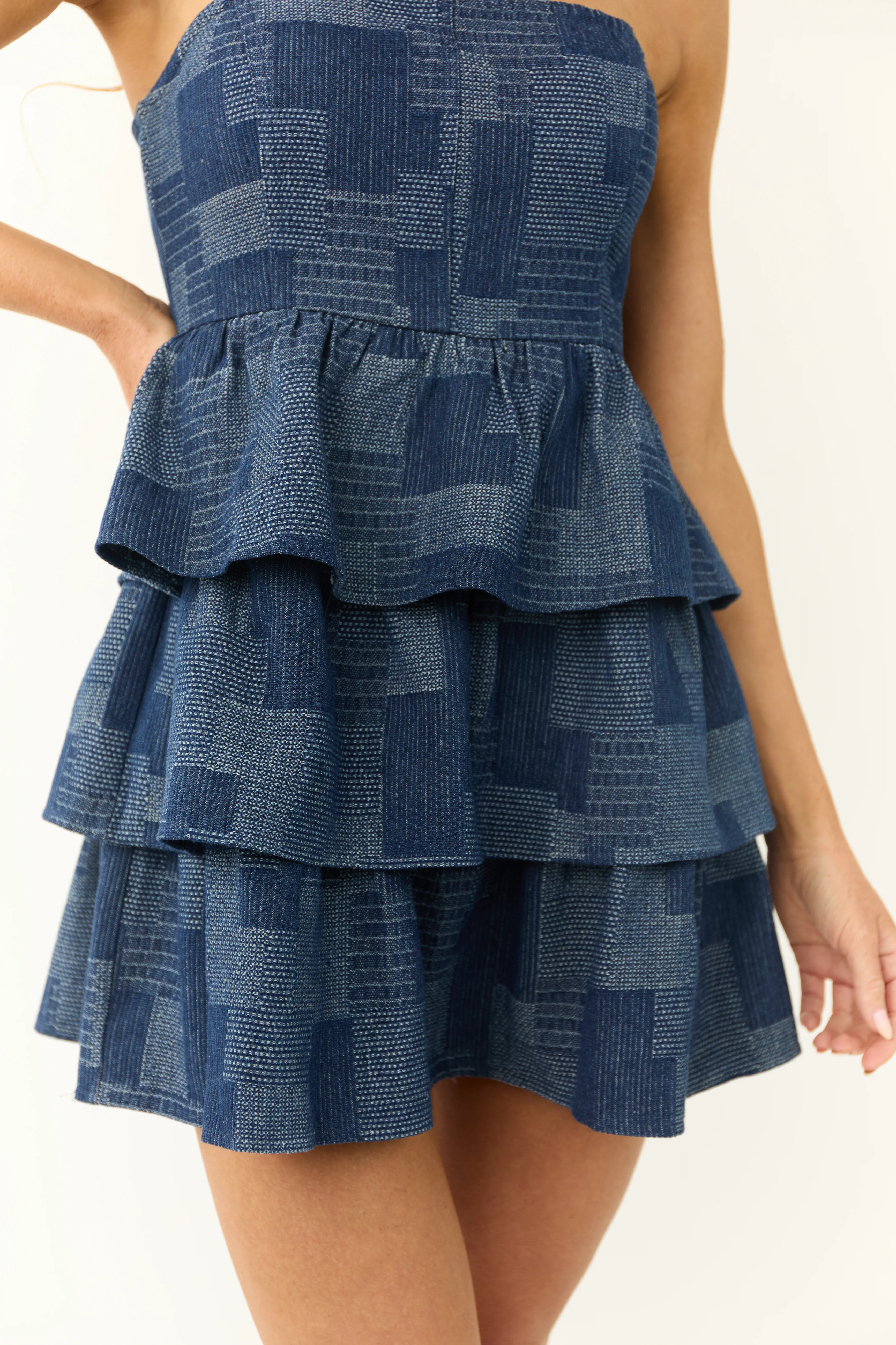 Dark Denim Patchwork Strapless Ruffle Dress - Image 6
