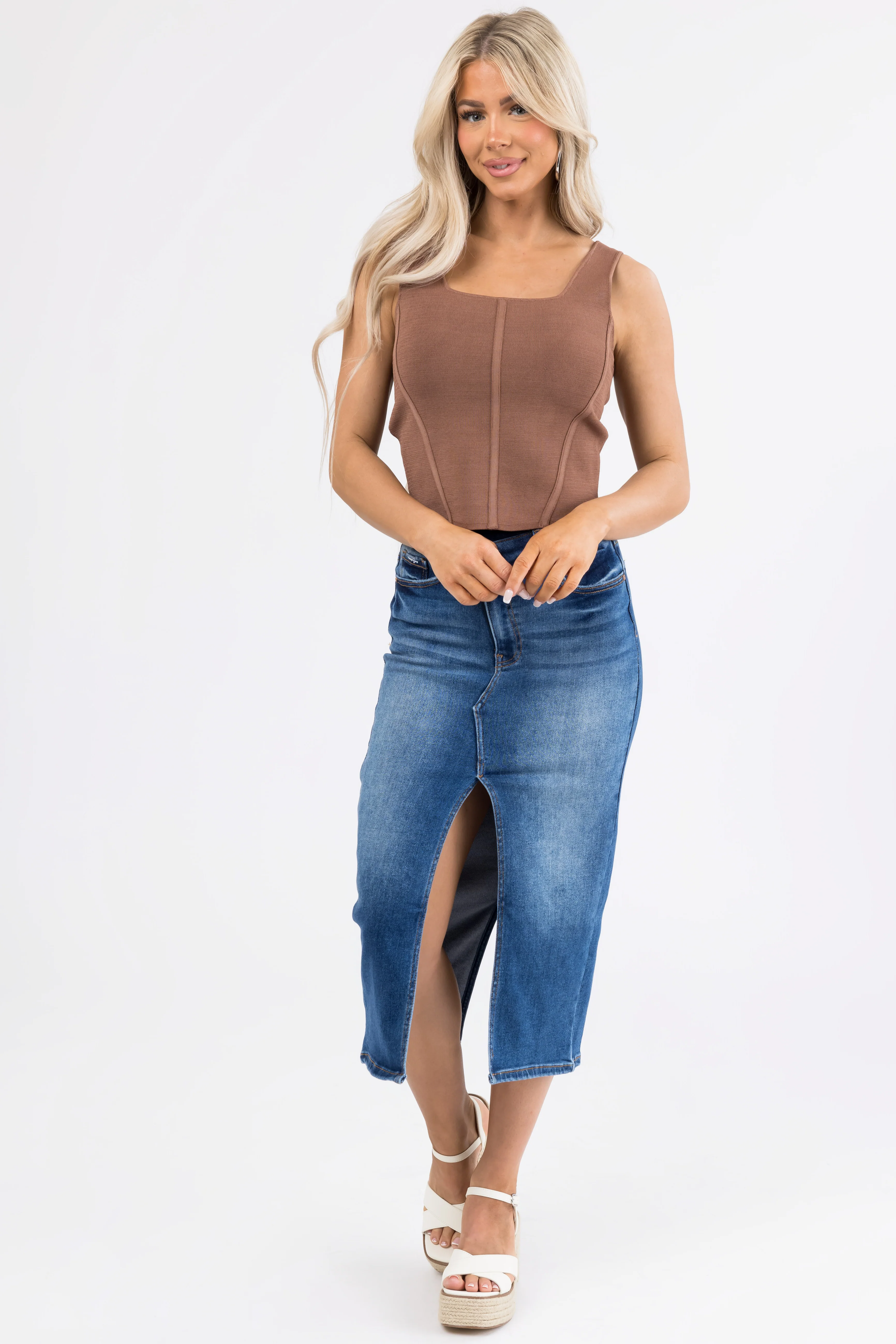Dark Denim Slit Hem Crossover Midi Skirt - Image 8