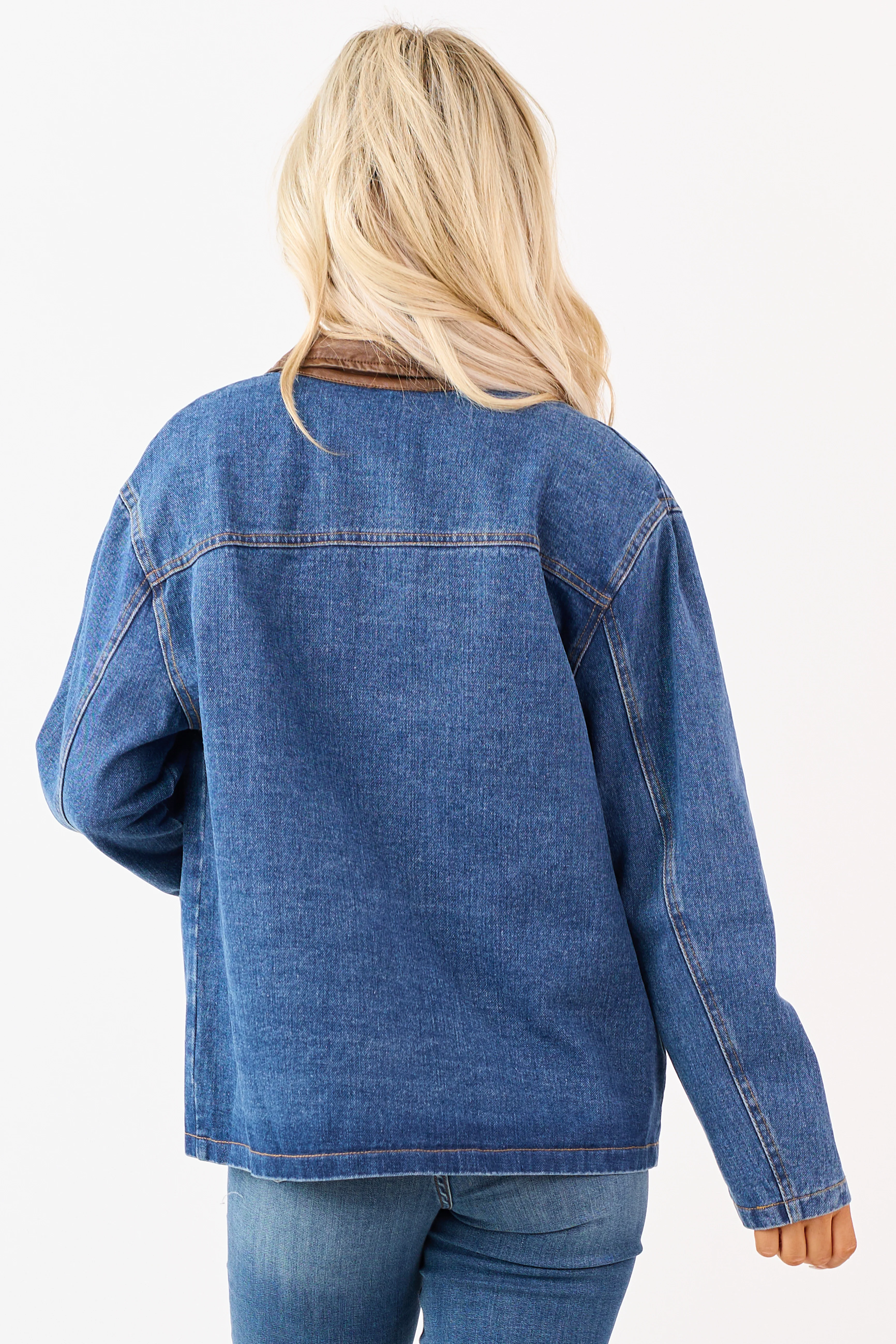 Dark Wash Denim Faux Leather Collar Shacket - Image 7