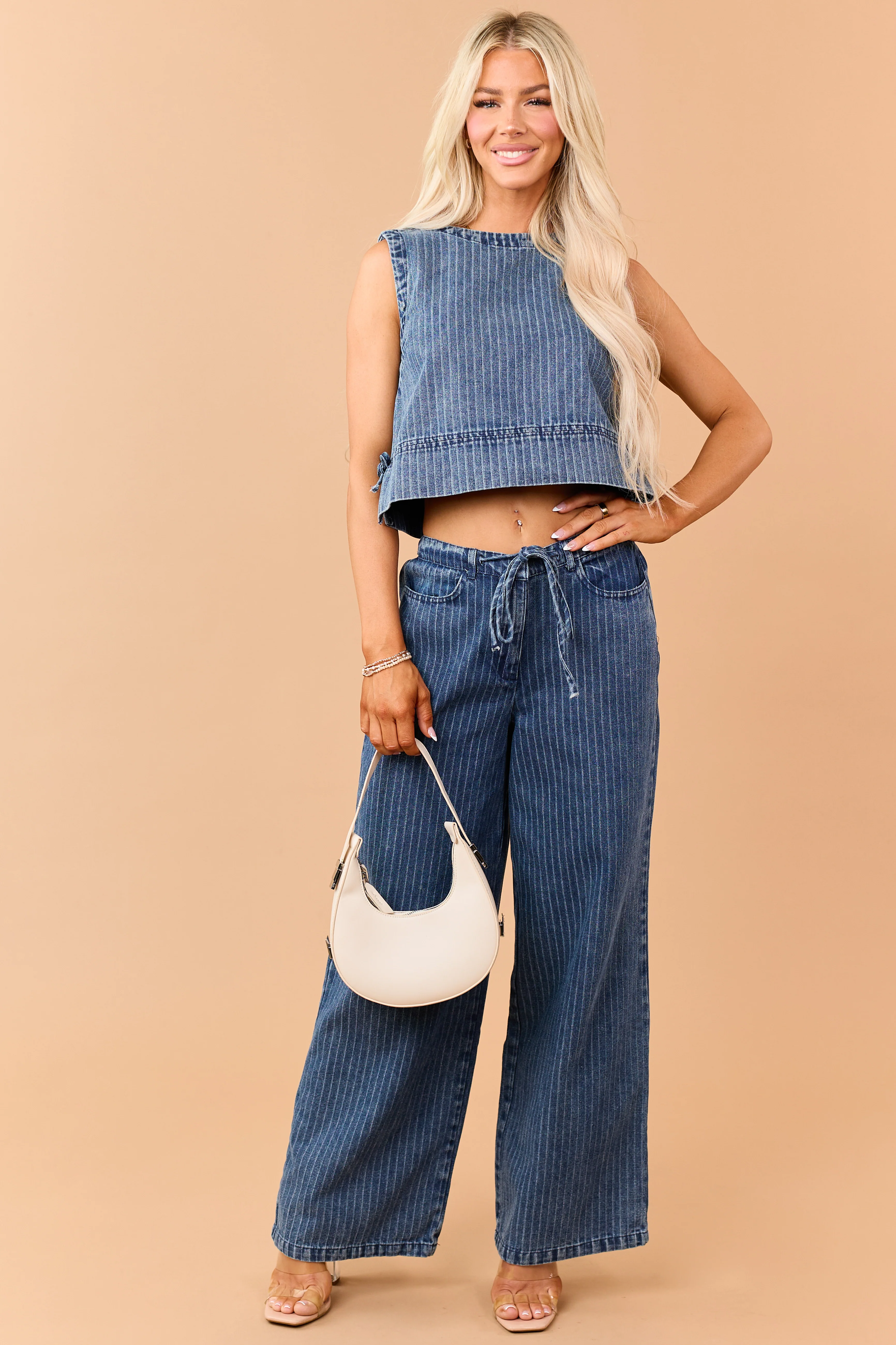 Dark Wash Denim Side Tie Striped Crop Tank Top - Image 2