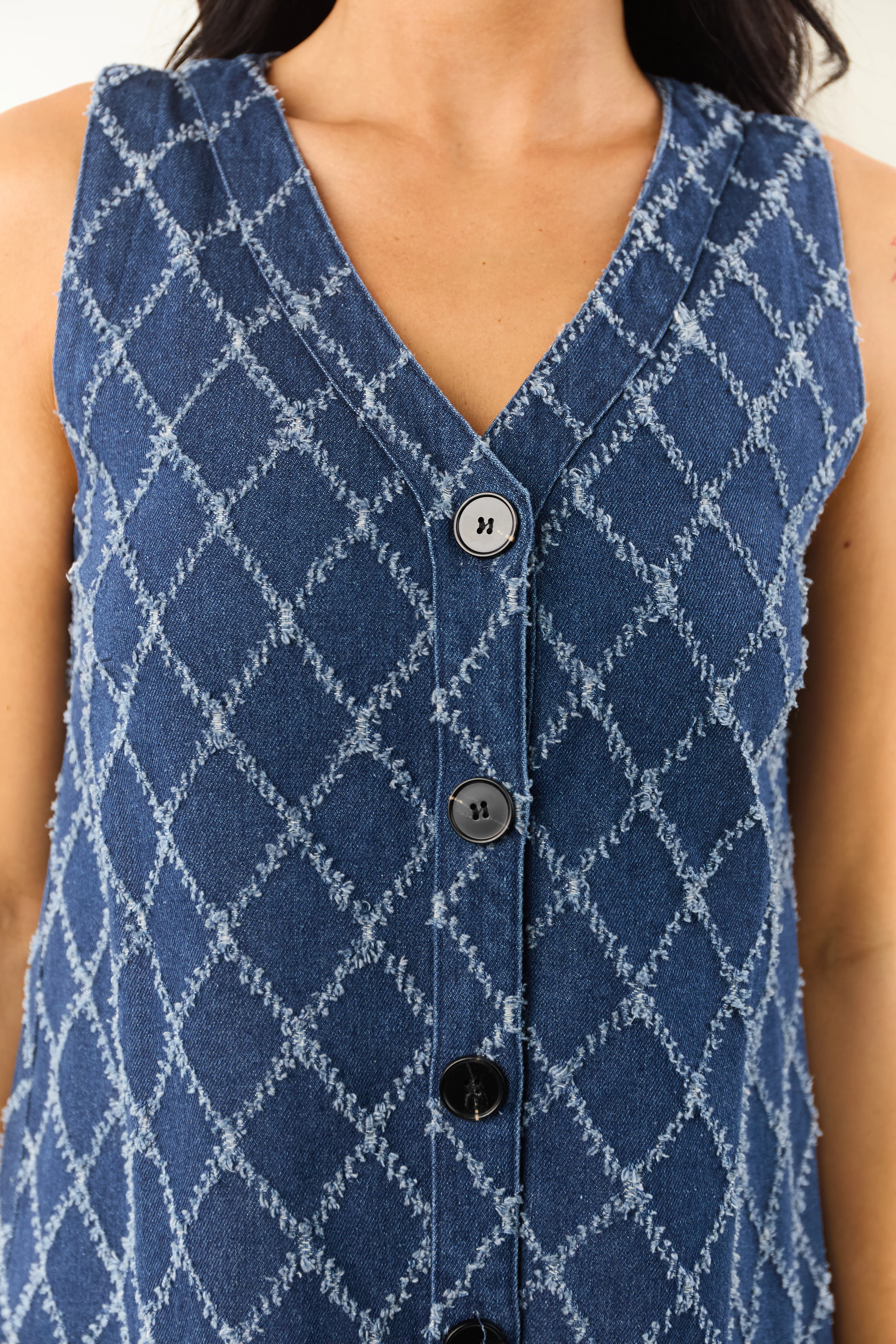 Dark Wash Frayed Geometric Pattern Denim Mini Dress - Image 2