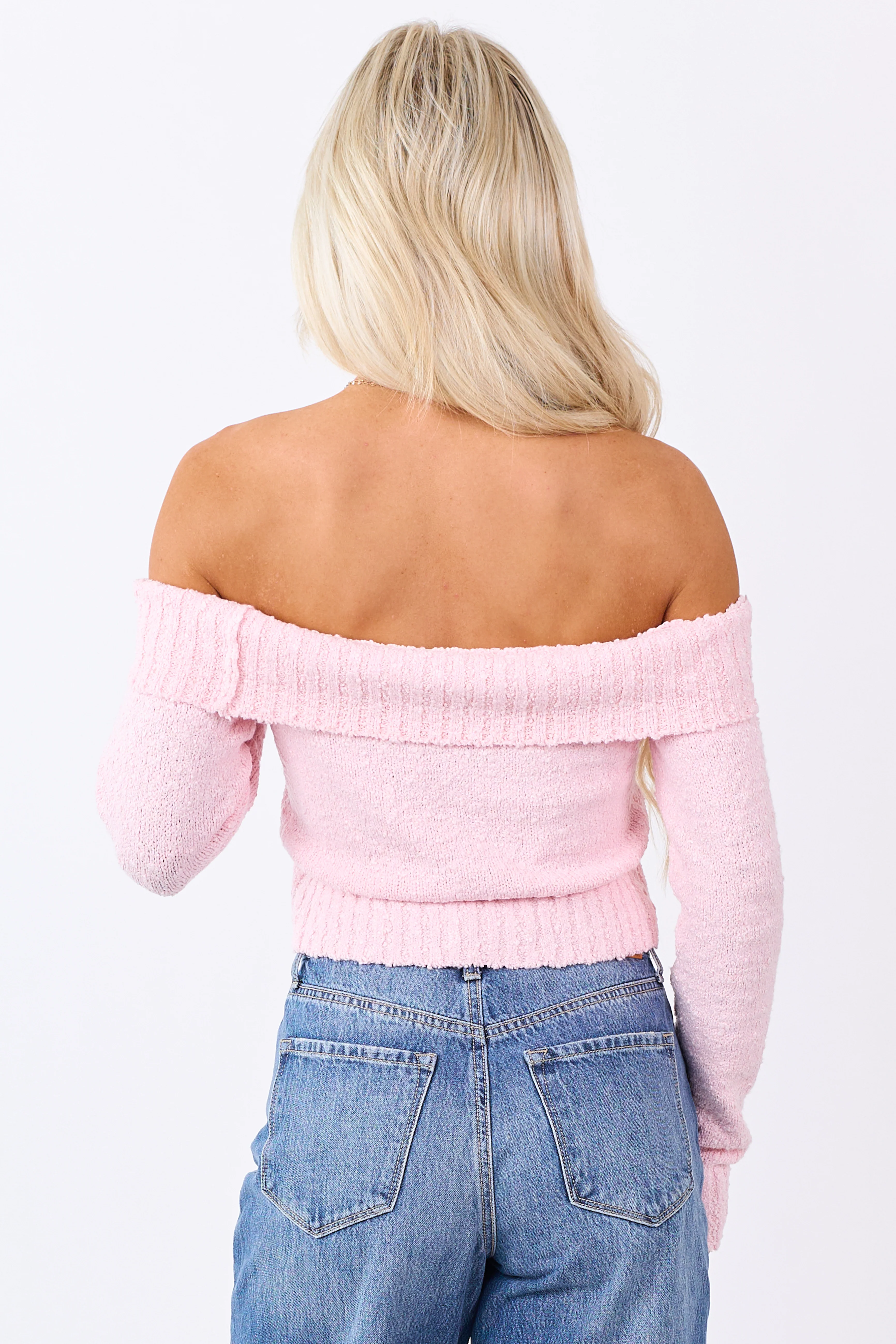 Deep Blush Off Shoulder Ribbed Trim Crop Sweater - Image 5