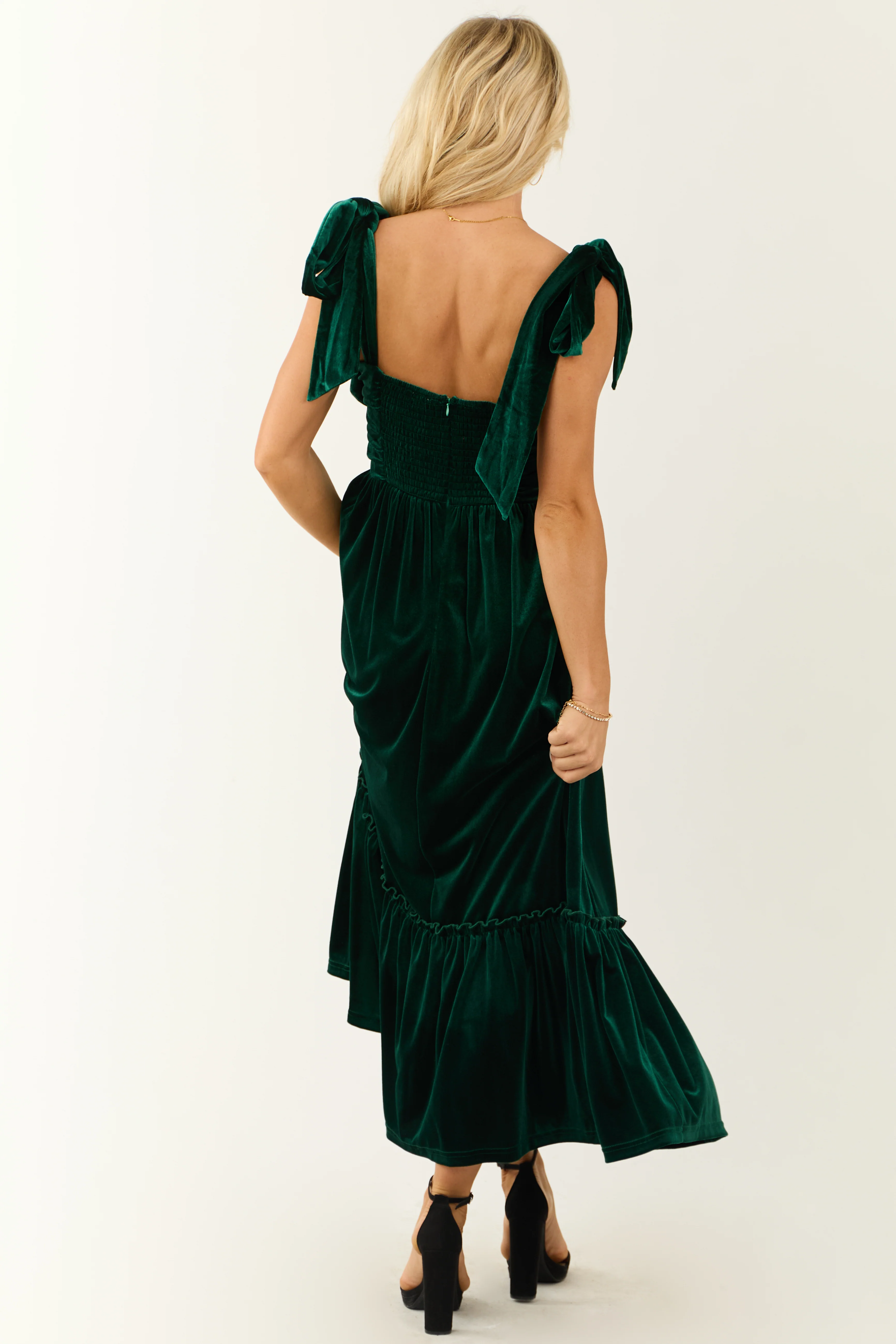Deep Pine Velvet Tie Straps Ruched Maxi Dress - Image 6
