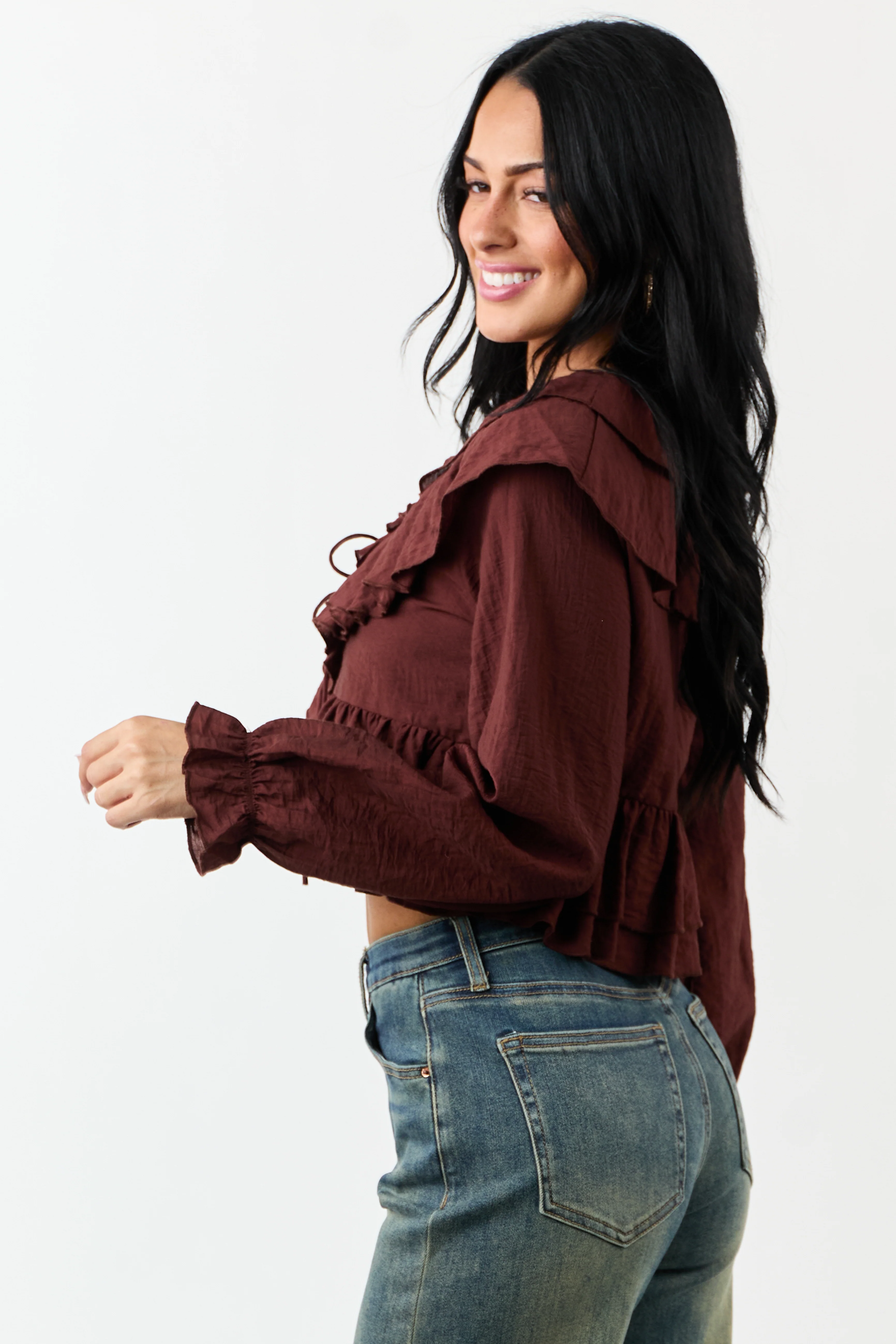 Deep Sienna Front Tie Ruffled Long Sleeve Top - Image 7