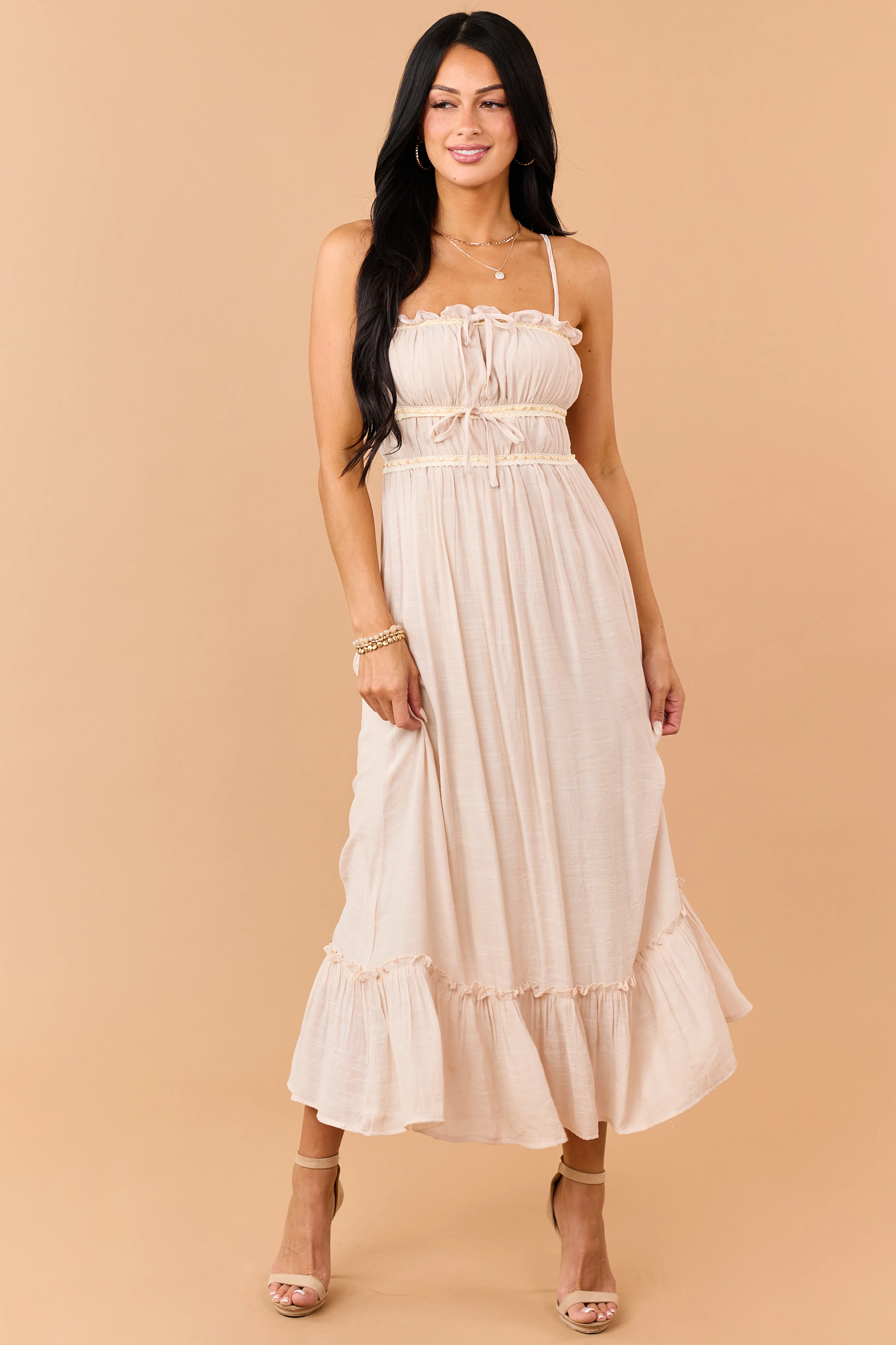 Desert Sand Lace Trim Sleeveless Maxi Dress - Image 4