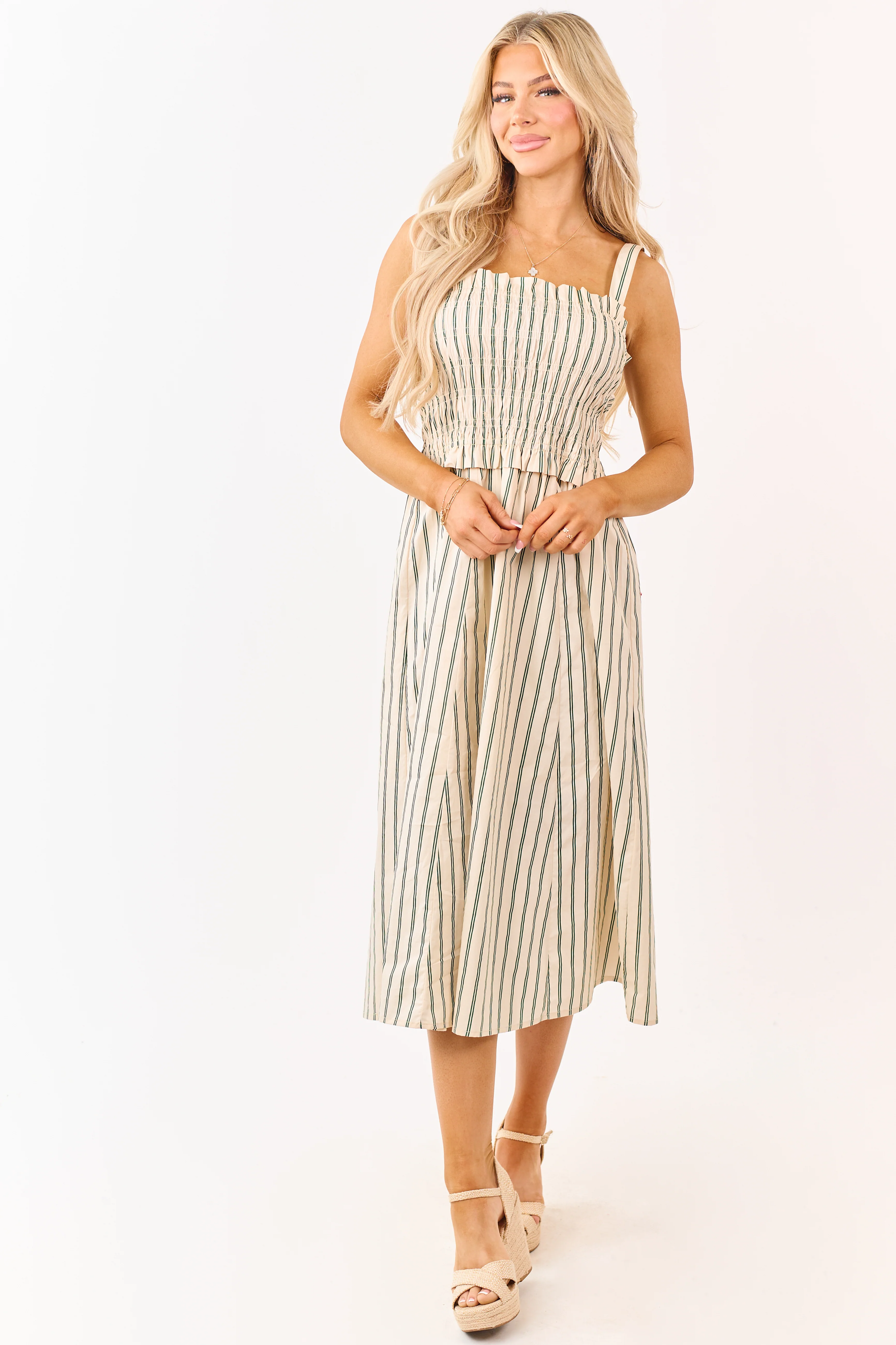 Desert Sand Striped Cotton Smocked Midi Dress - Image 2