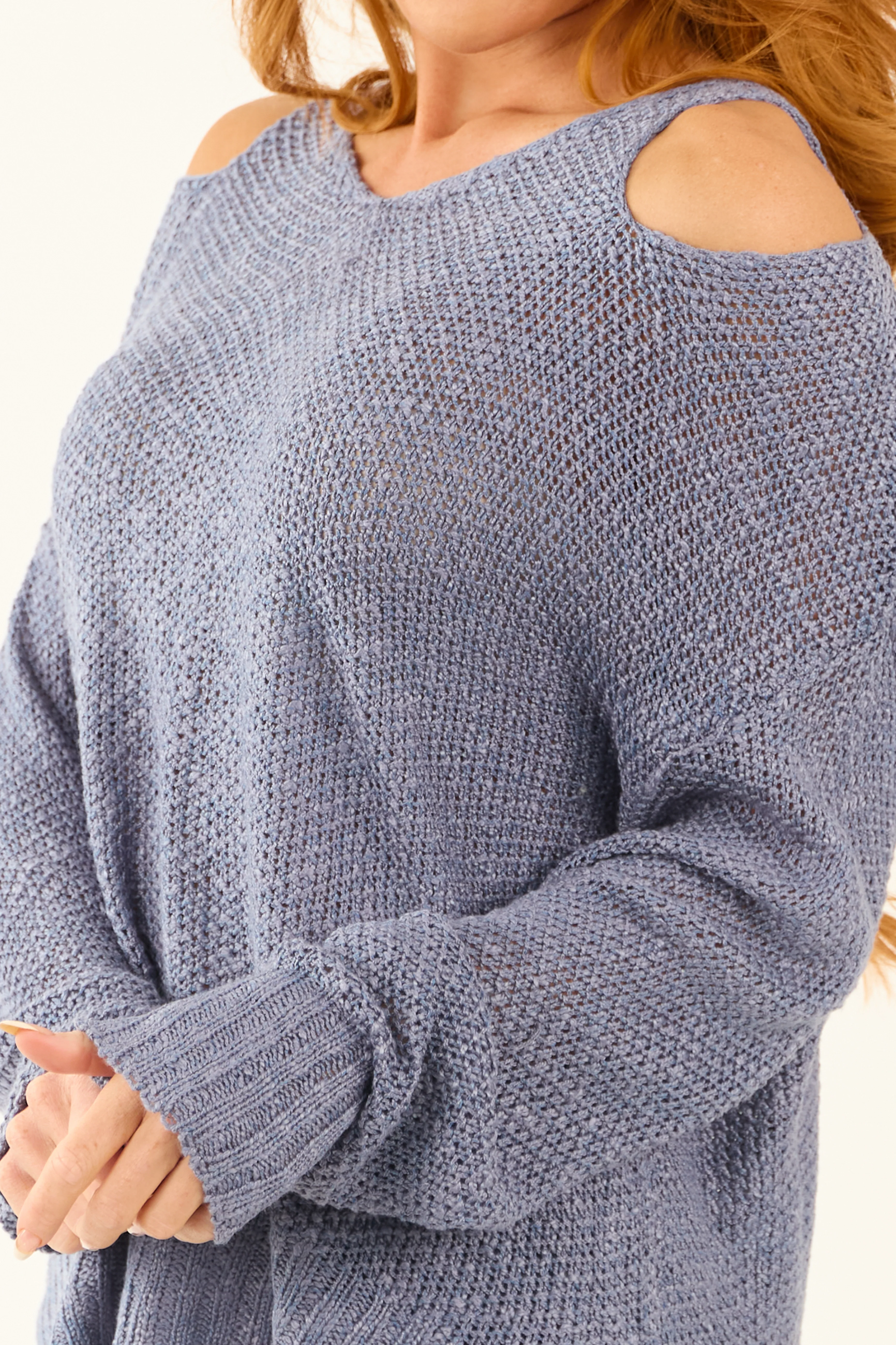 Dusty Blue Cold Shoulder Open Knit Sweater - Image 8