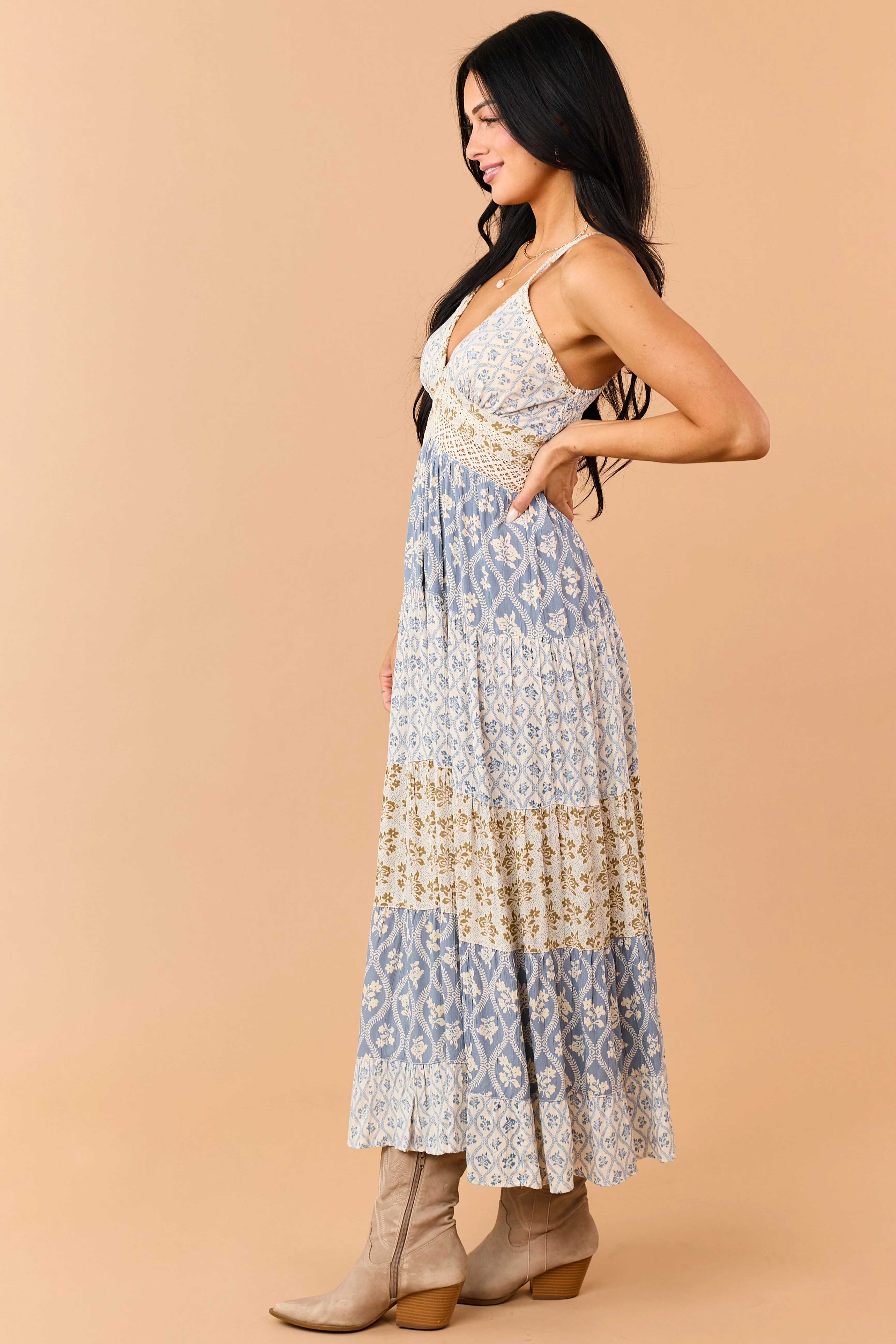 Dusty Blue Tiered Floral Print Lace Waist Maxi Dress - Image 8