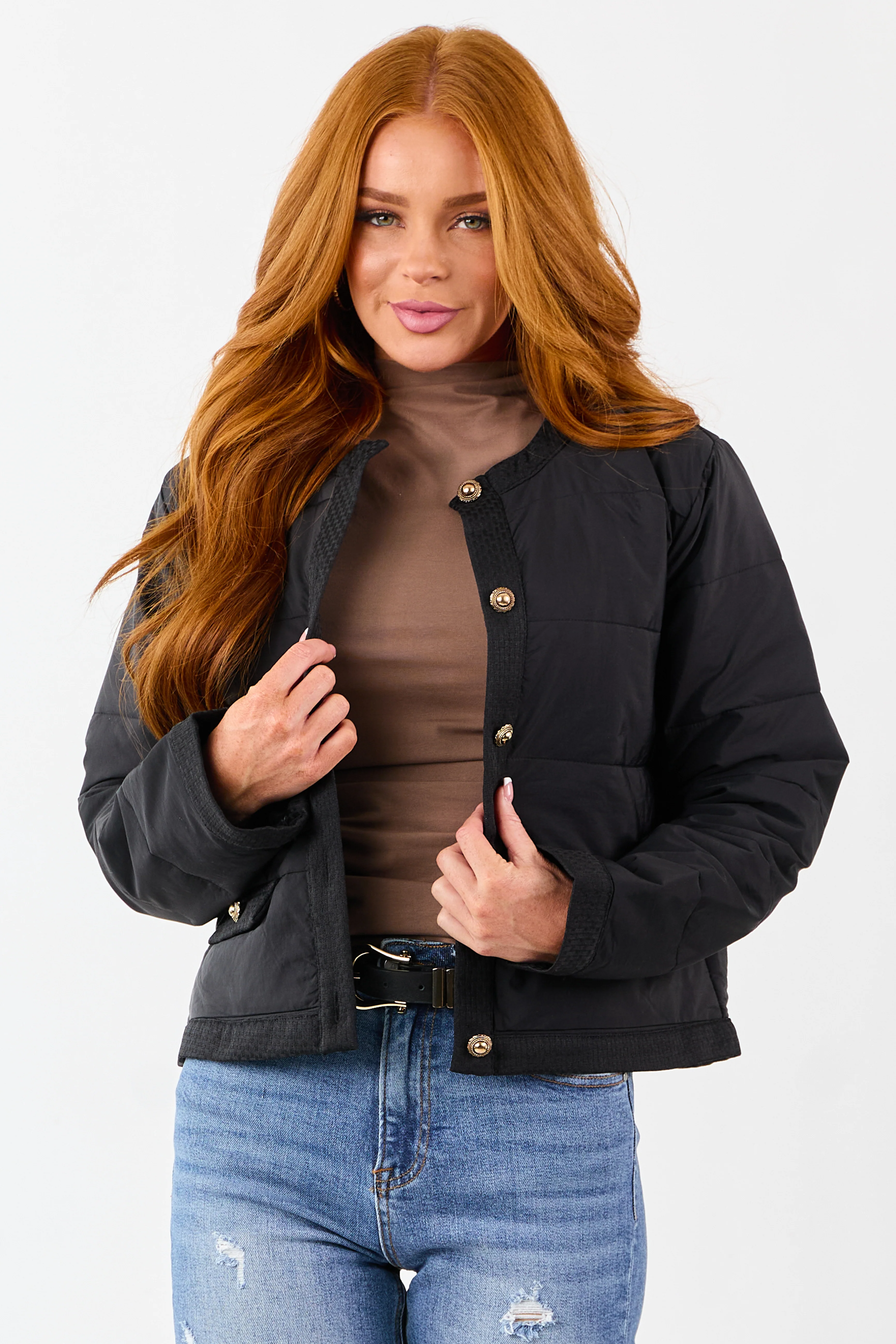 Entro Black Button Down Long Sleeve Puff Jacket