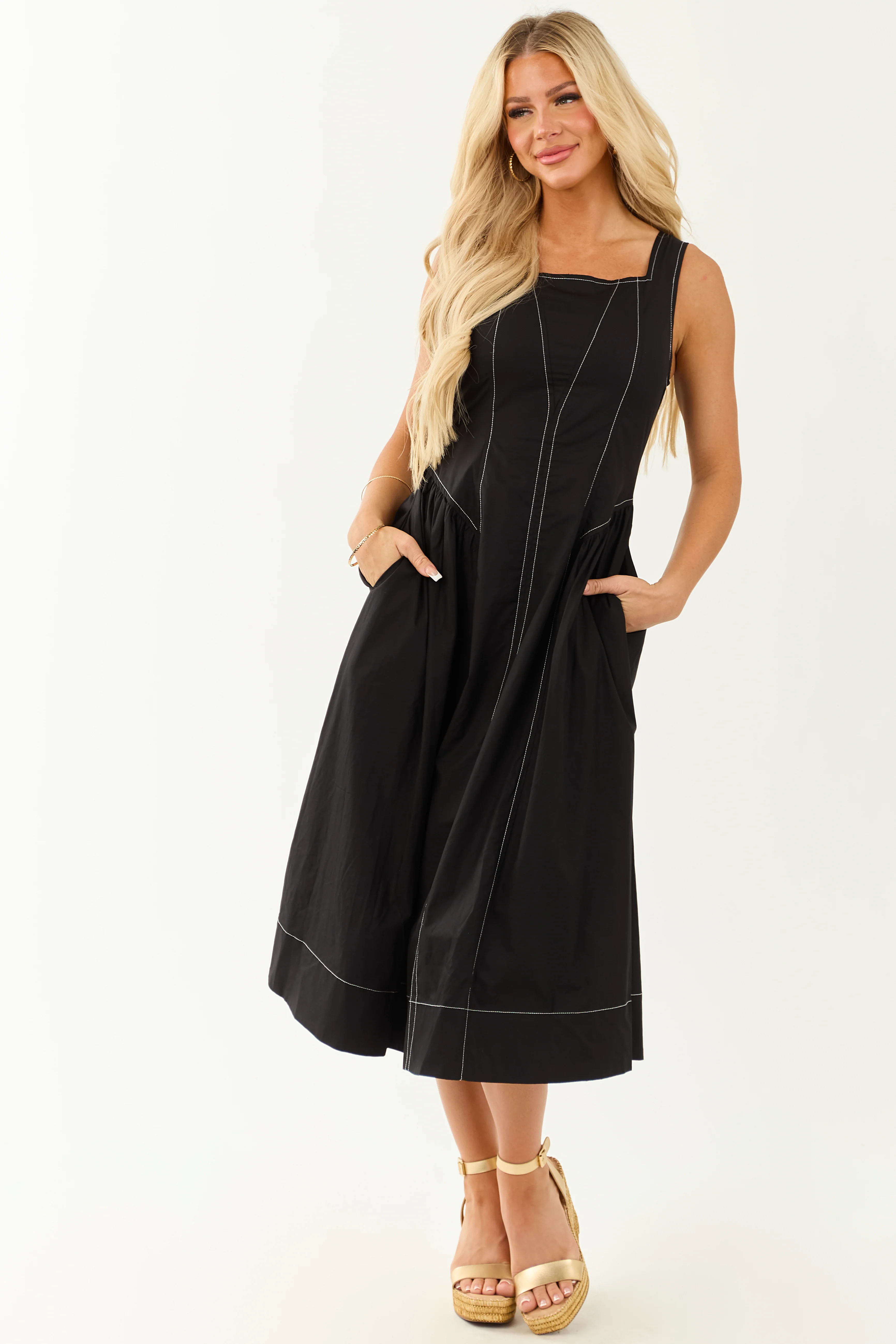 Entro Black Contrast Stitch Cotton Midi Dress - Image 2