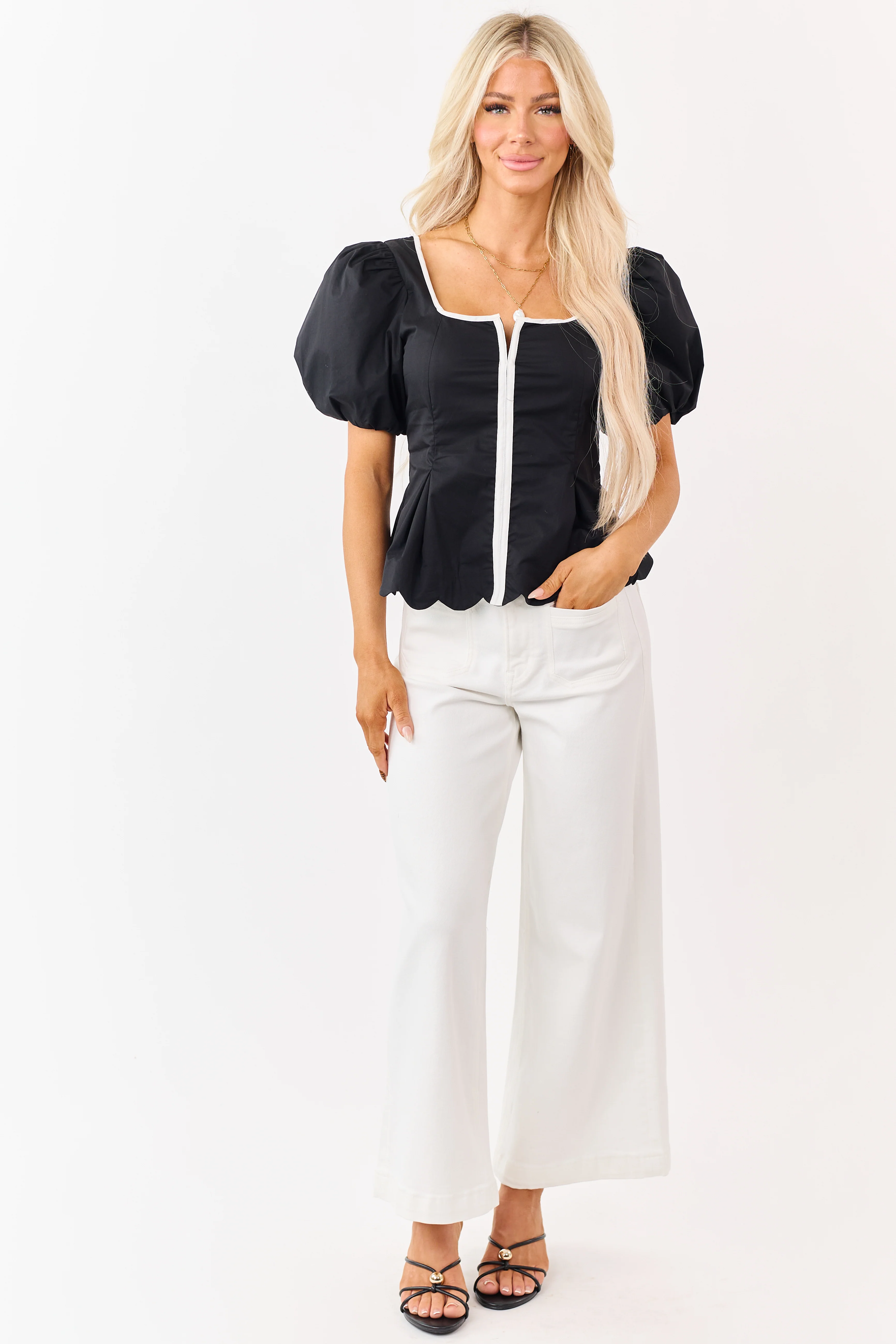 Entro Black Contrast Trim Short Puff Sleeve Top - Image 3