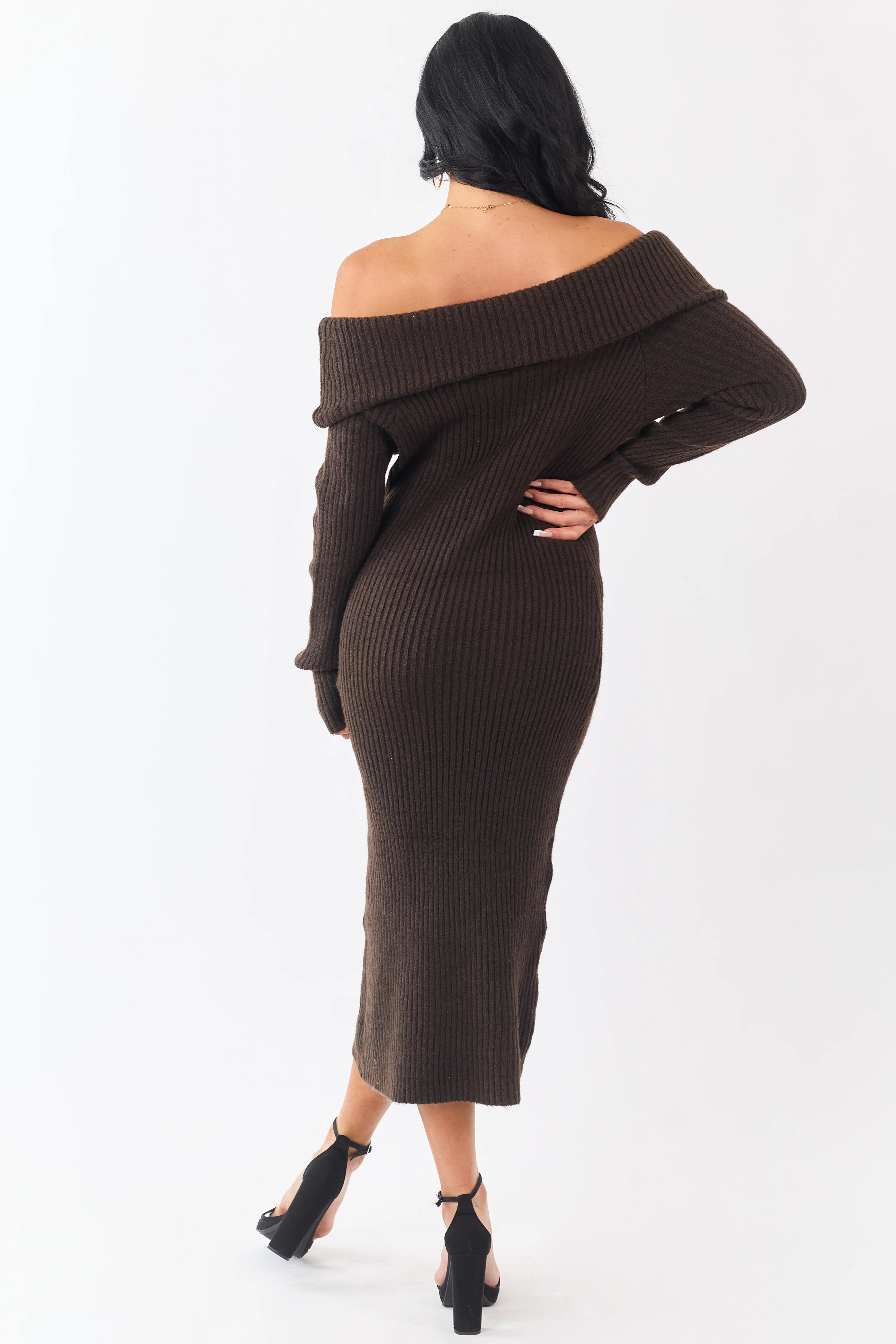 Entro Cocoa Ribbed Knit Off Shoulder Midi Dress - Image 5