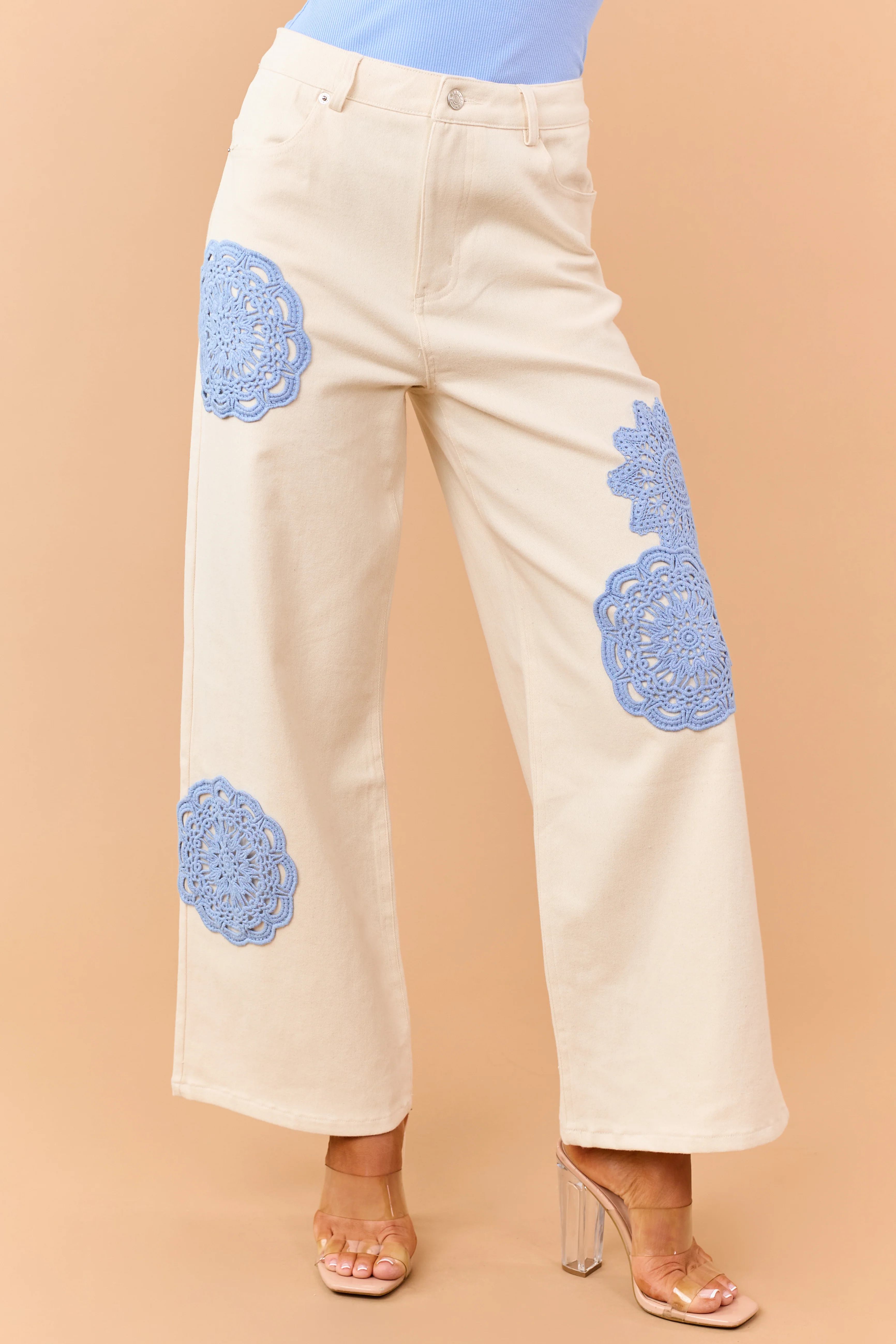Entro Cream Boho Crochet Patchwork Wide Leg Jeans - Image 2