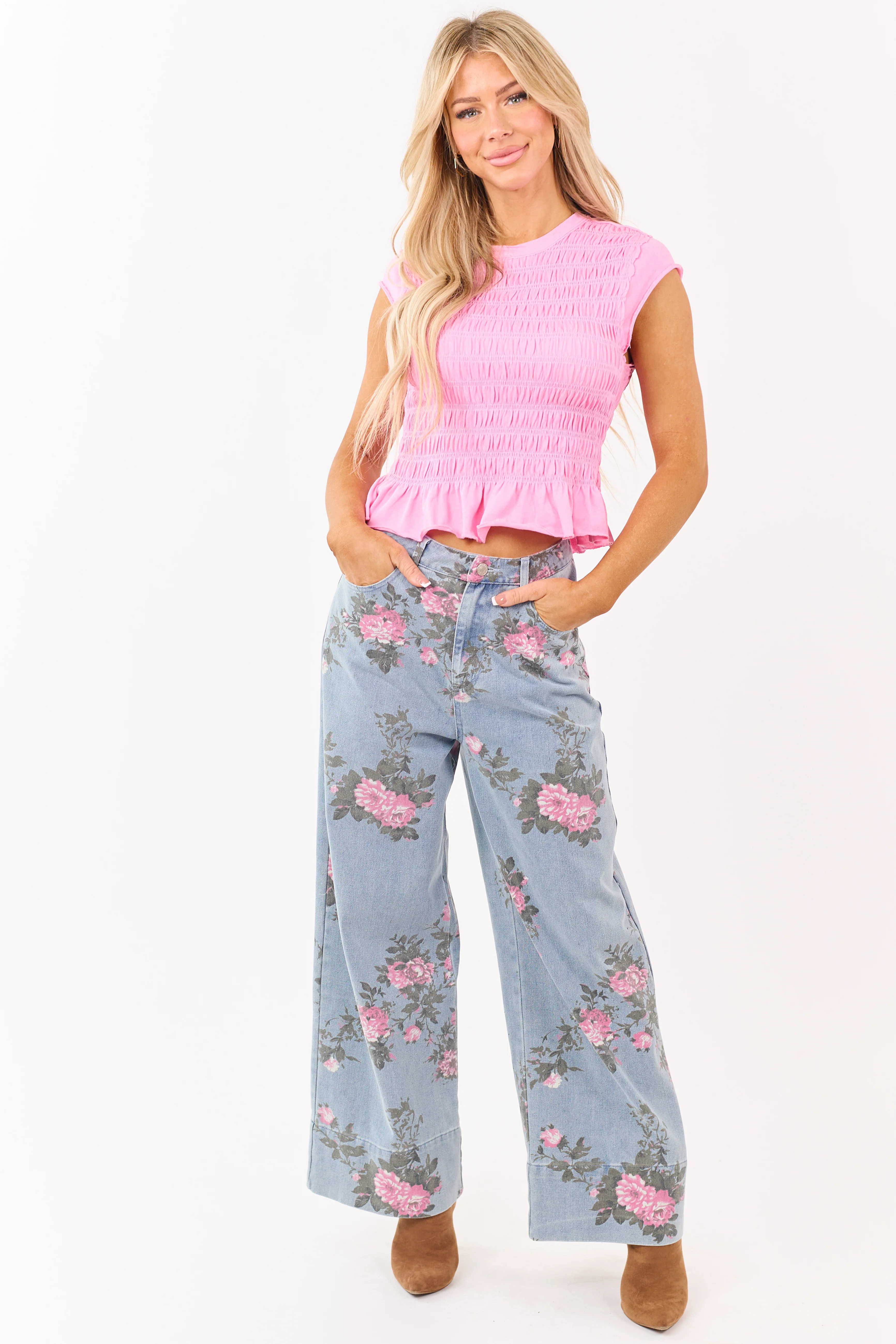 Entro Light Wash Floral Print Wide Leg Jeans - Image 2
