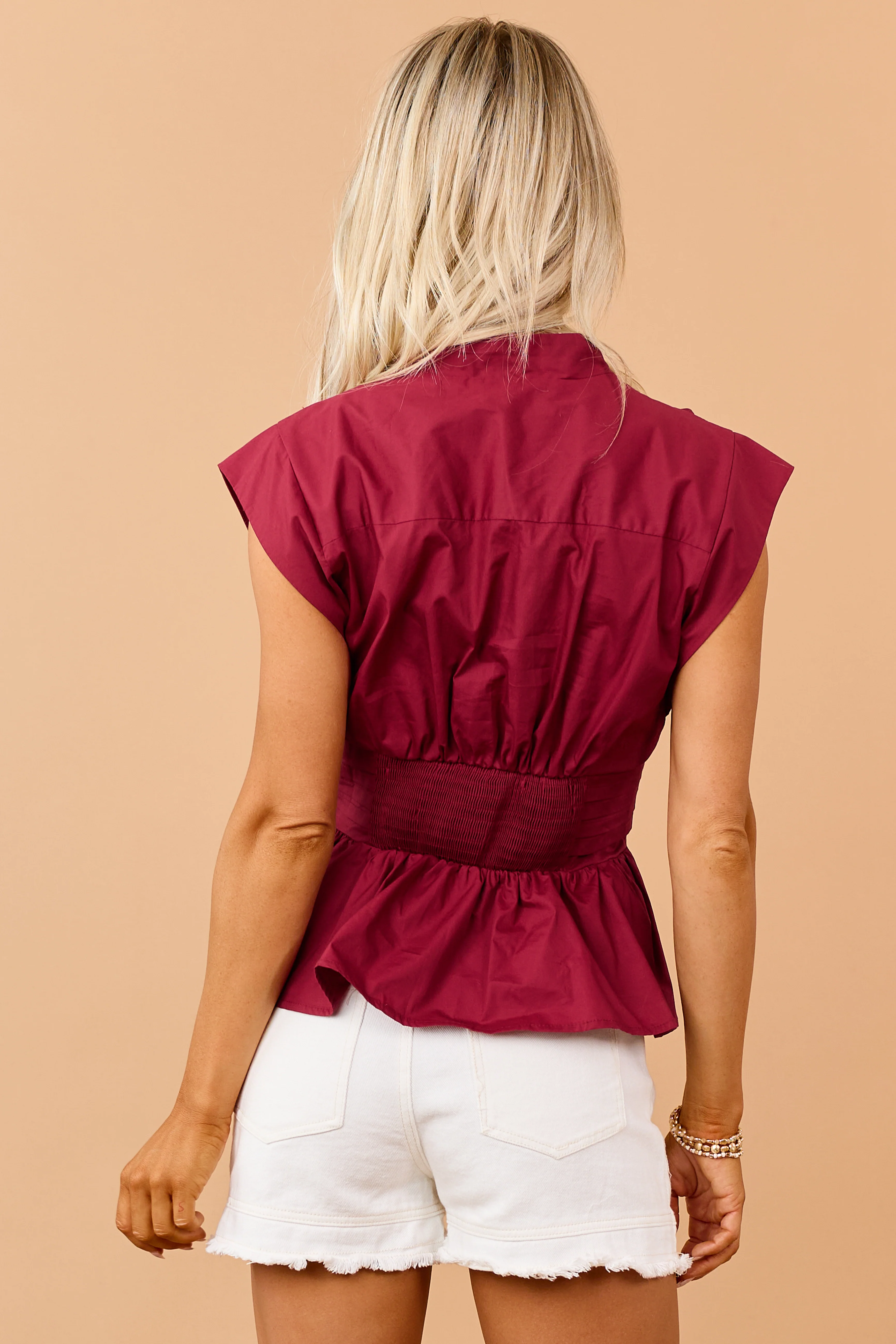 Entro Maroon Cotton Button Down Peplum Top - Image 5