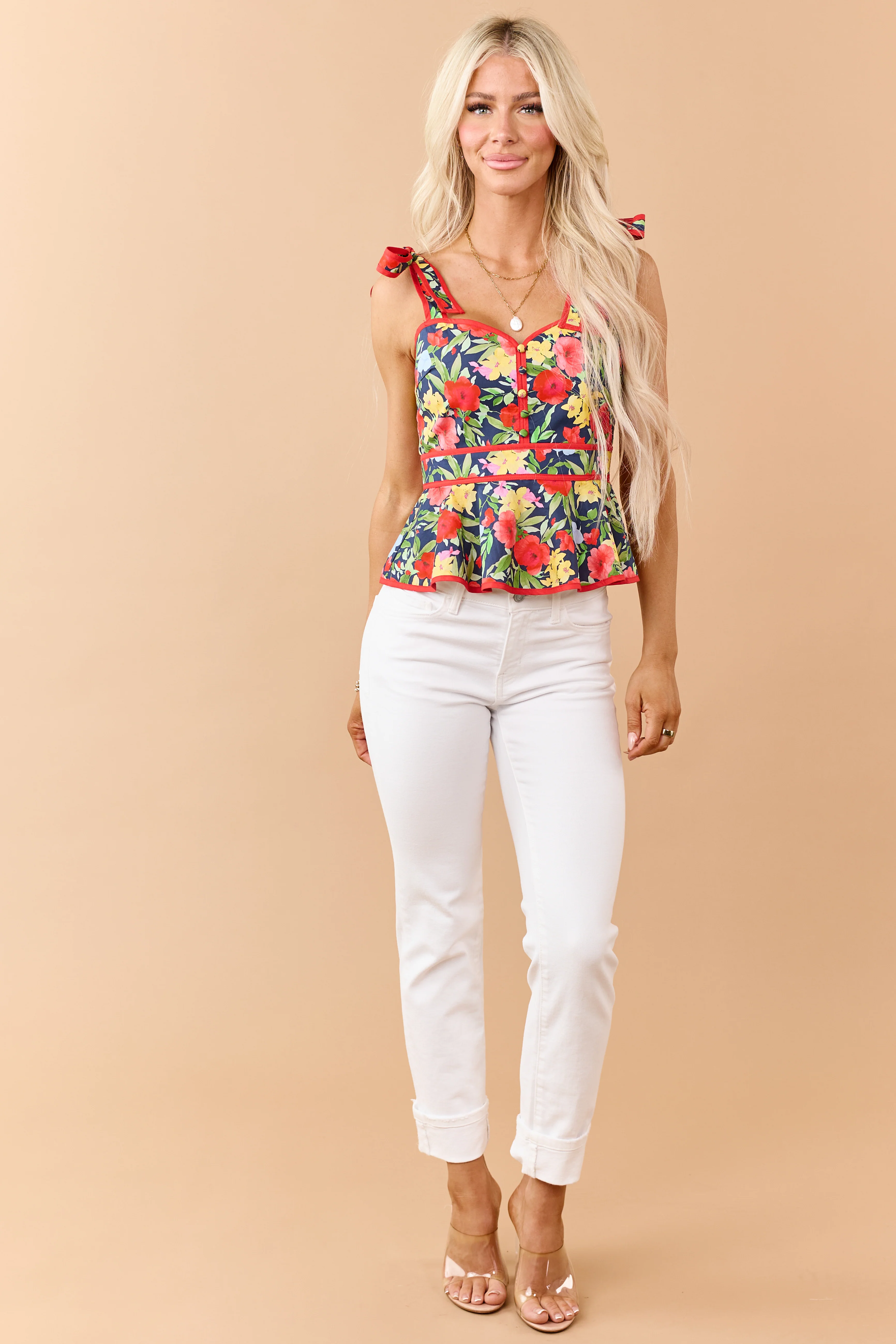 Entro Navy Cotton Floral Print Peplum Tank Top - Image 3