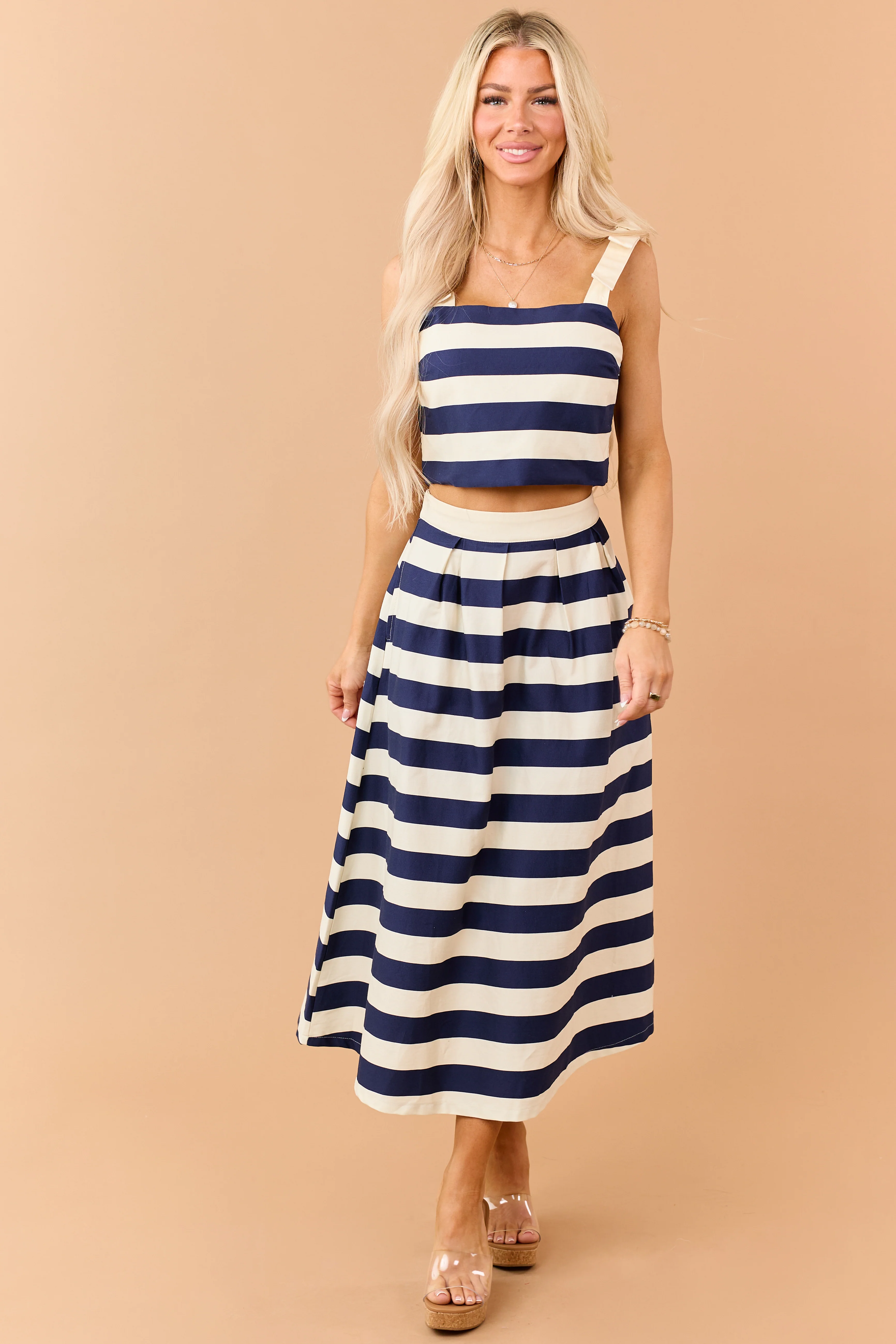 Entro Navy and Cream Striped Denim Midi Skirt