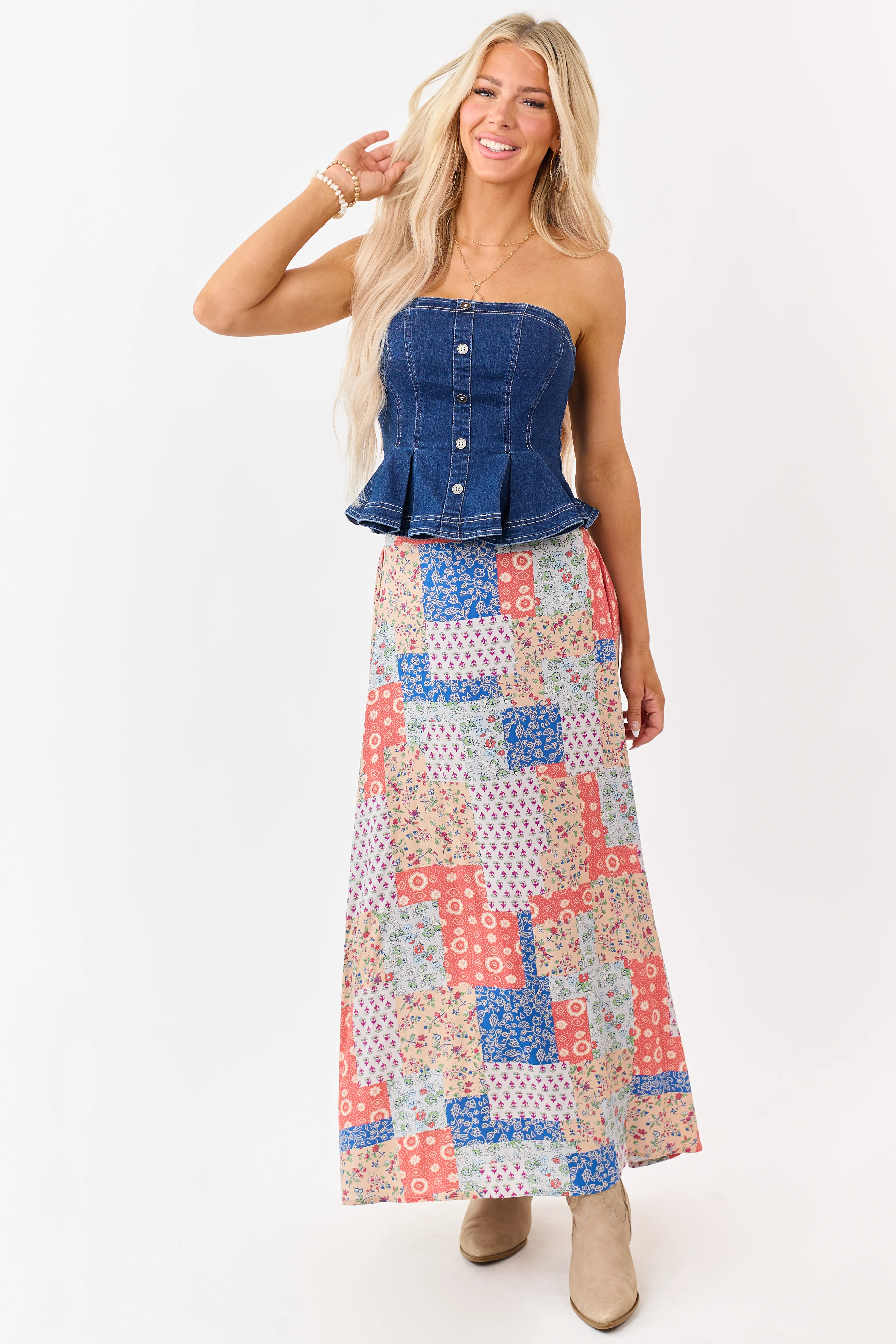 Fire Patchwork Floral Boho Flowy Maxi Skirt - Image 5