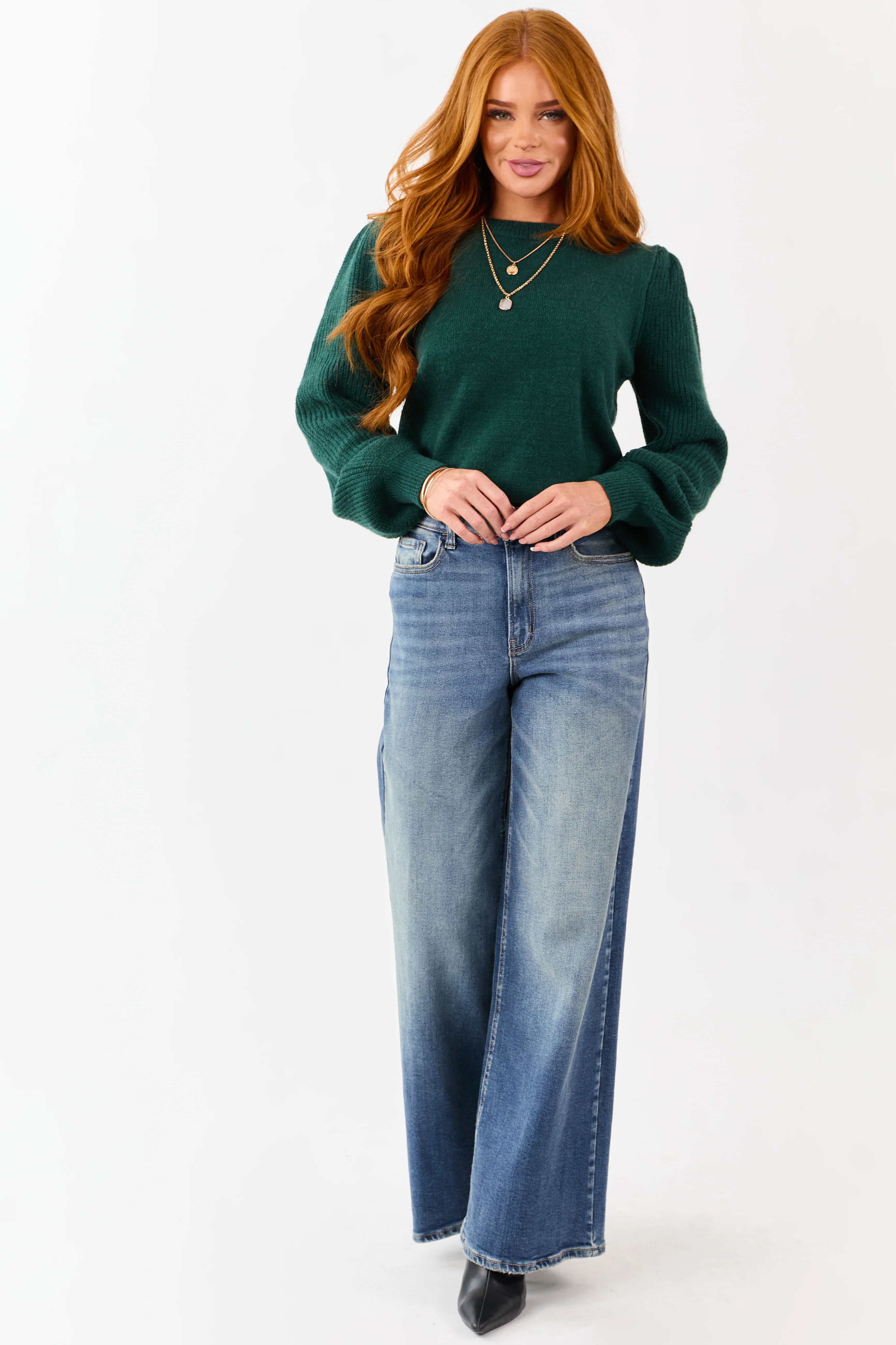 Forest Green Ribbed Knit Puff Long Sleeve Sweater - Image 3